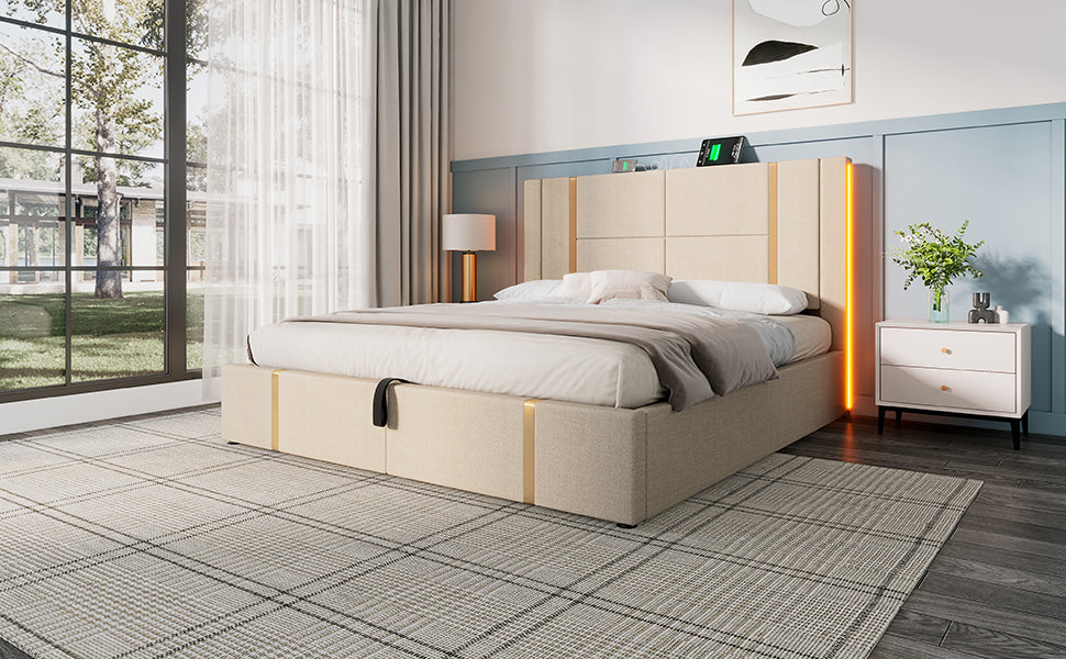 Logidon double bed 140x200 USB C charging function APP LED beige linen