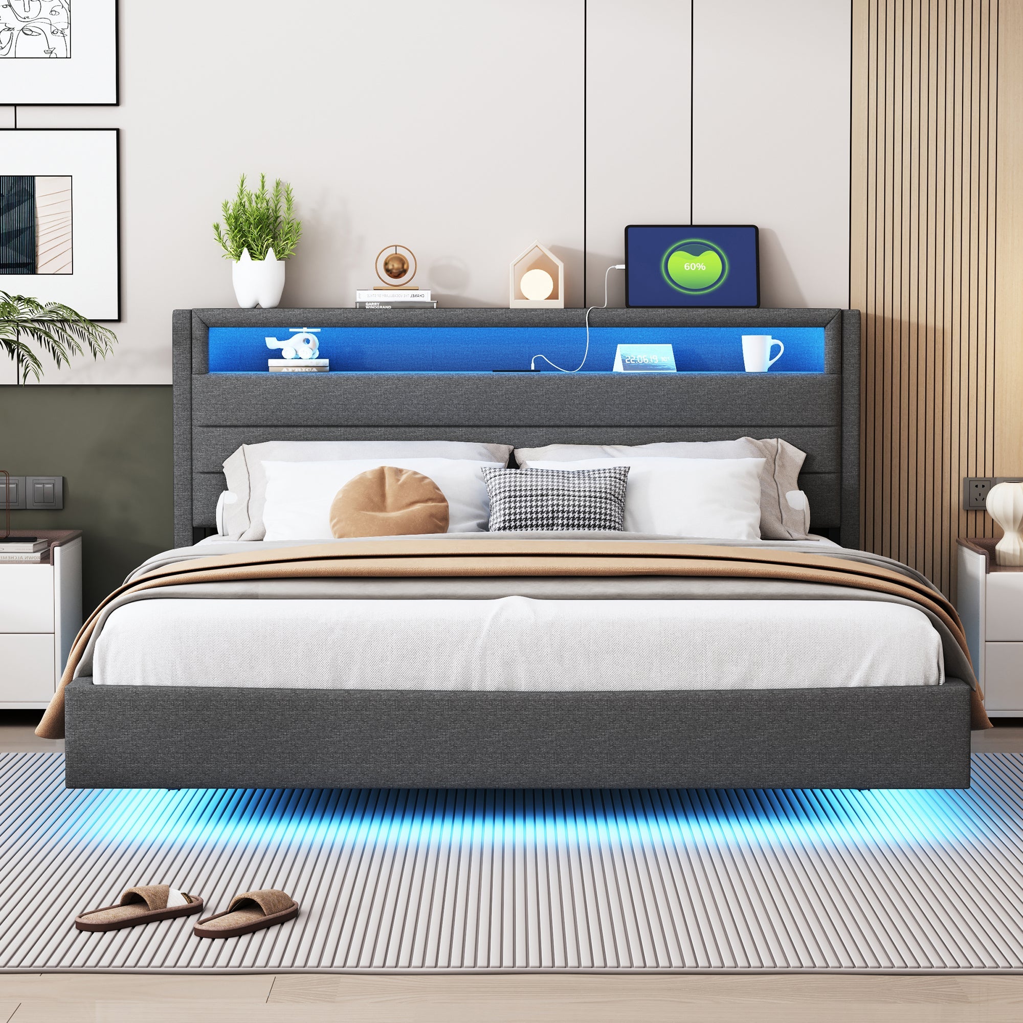 Logidon gestoffeerd bed 160x200 linnen stof USB Omkeerbaar LED-hoofdeinde