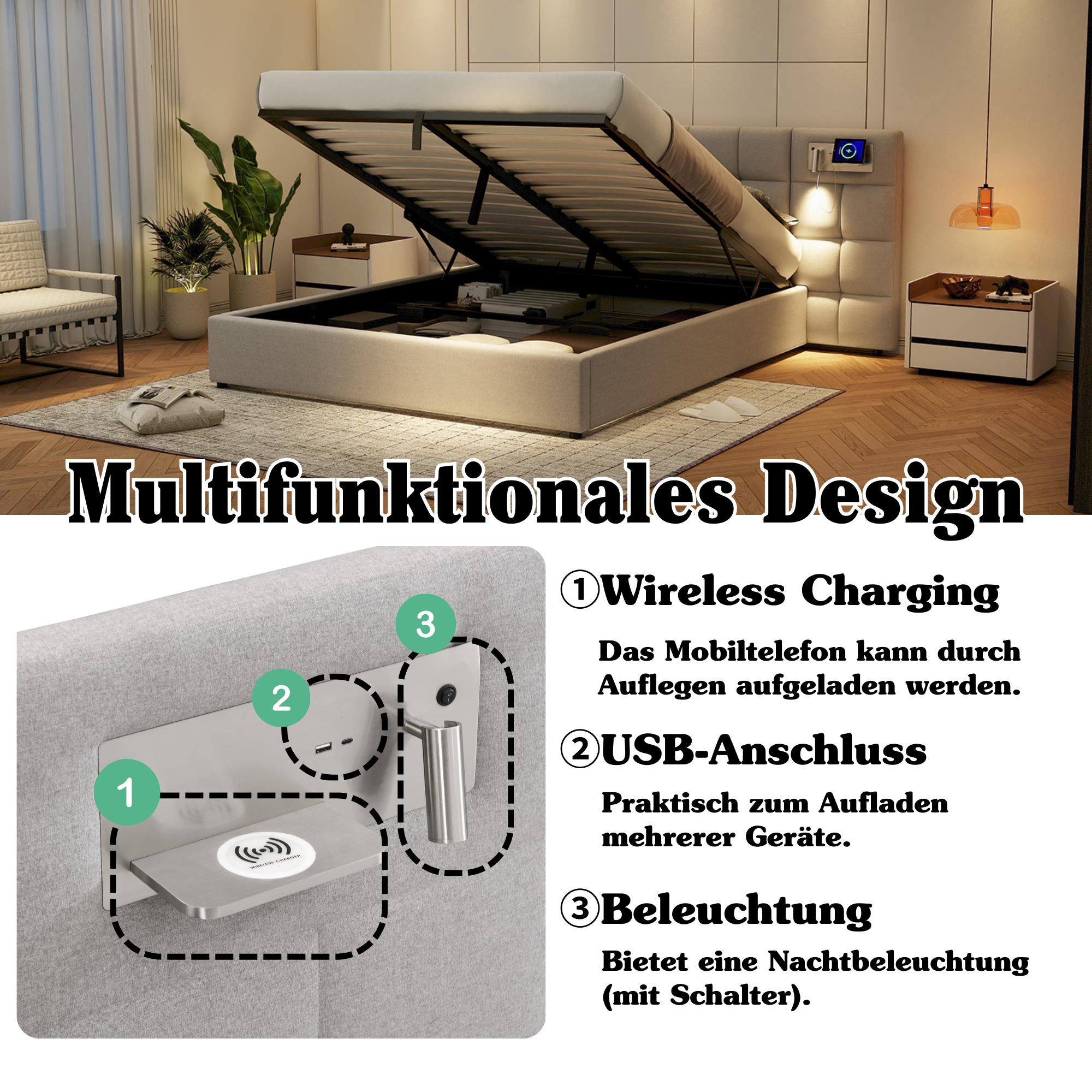 Logidon gestoffeerd bed 180x200 cm grijs hydraulisch bed USB-licht opbergruimte