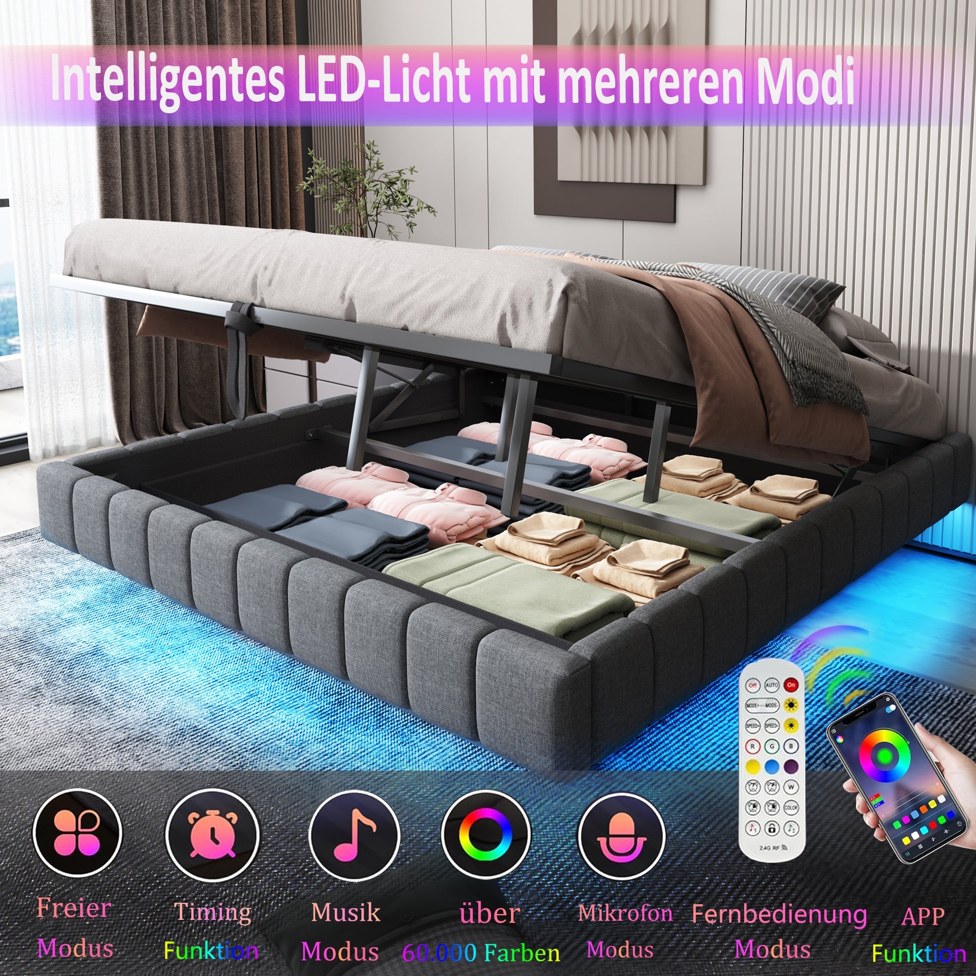Logidon gestoffeerd bed 140x200 cm met opbergruimte LED licht linnengrijs