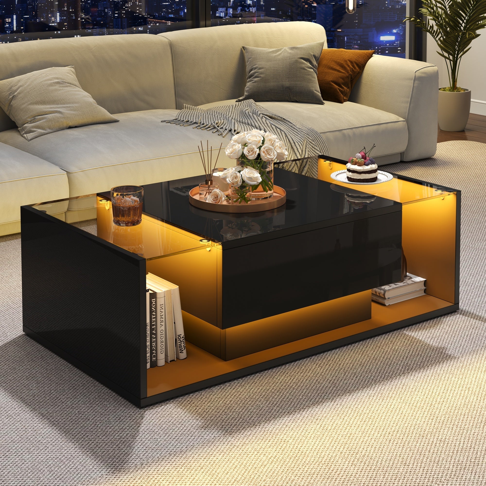 Logidon Zwarte hoogglans salontafel 100x50x31 cm met lade LED lichtstrip