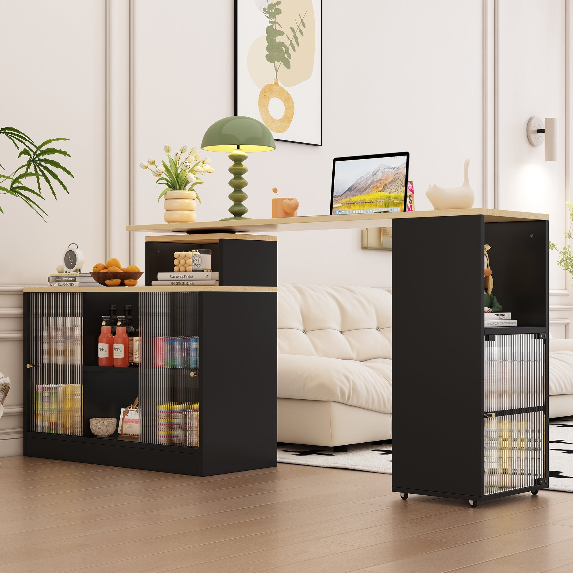 Logidon Uitschuifbare bartafel met opbergruimte Zwarte moderne bartafel