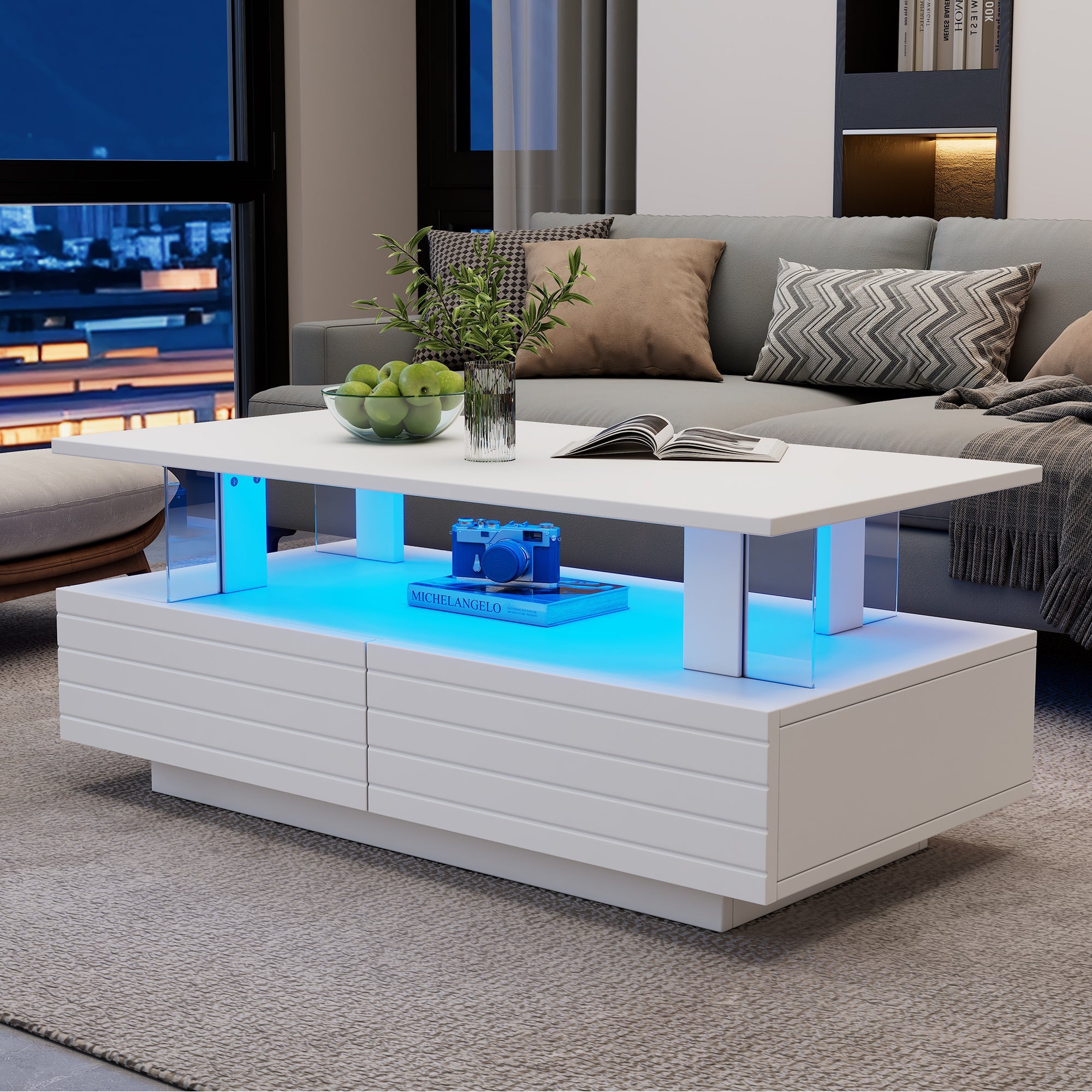 Logidon Witte LED Salontafel met Opbergruimte Bluetooth App Bediening 100x50x42 Cm