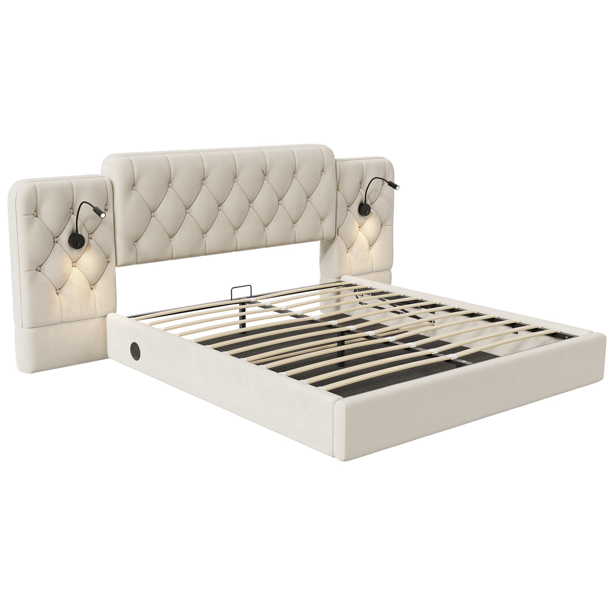 Logidon bedframe beige fluweel met lang hoofdeinde en USB-poorten