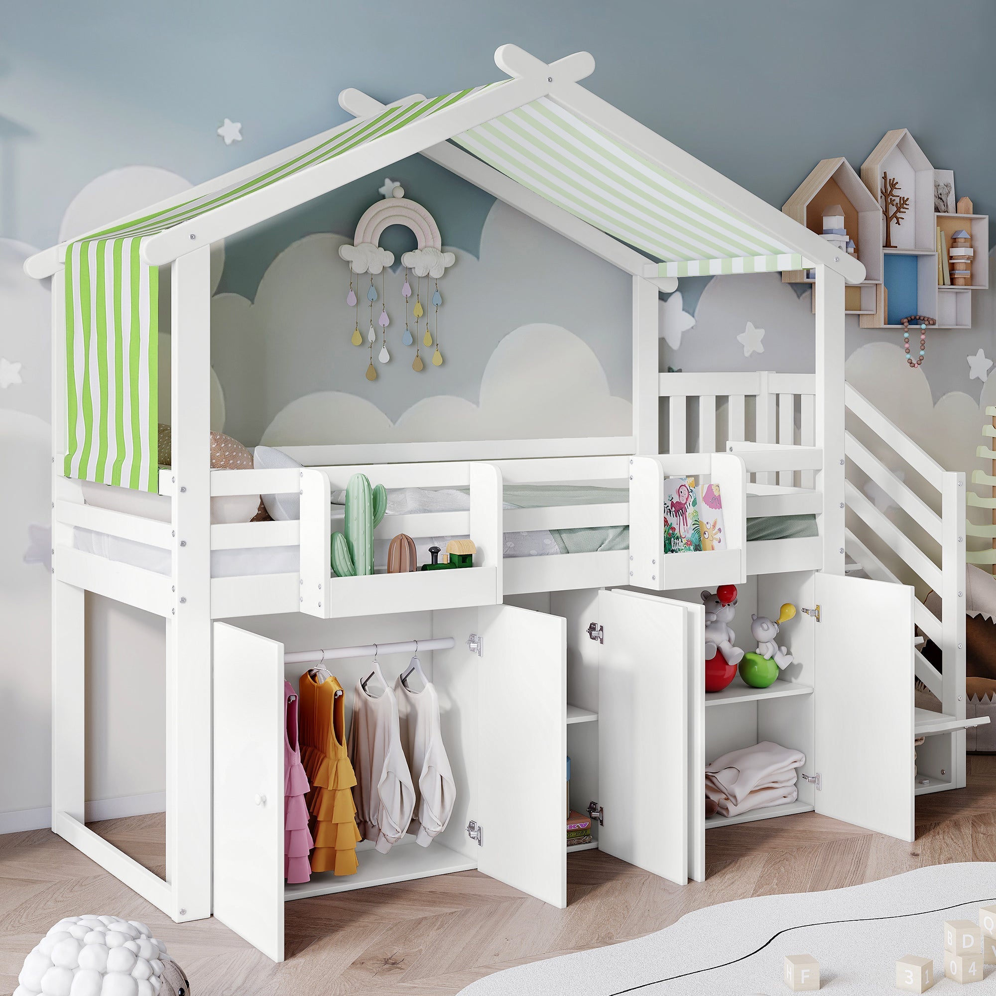 Logidon Kinderstapelbed 90x200 cm witgroen met kledingkast