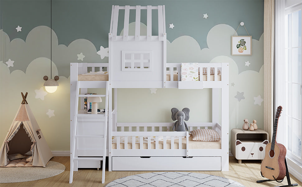 Logidon stapelbed 90x200 wit met dak, raam en 2 lades
