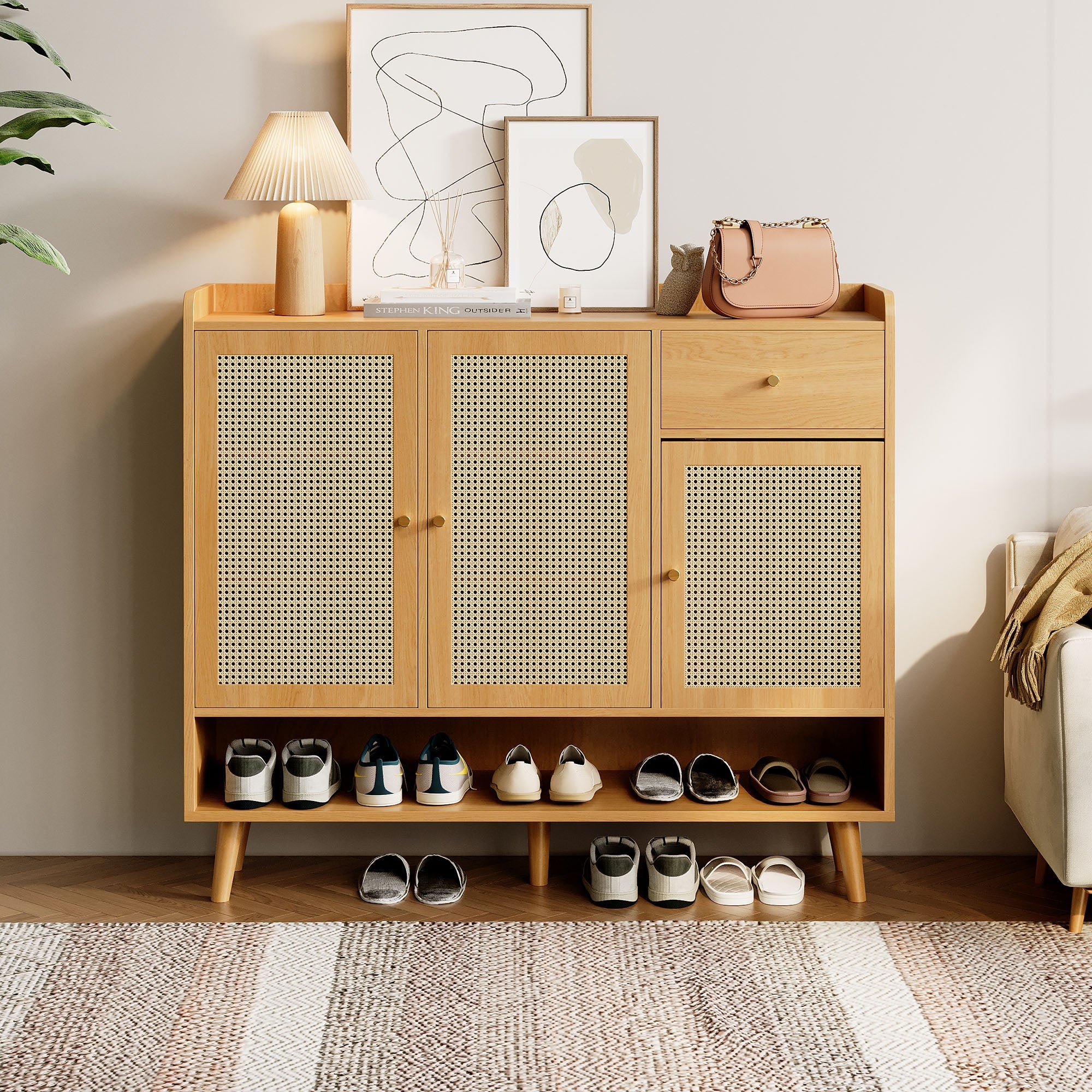 Logidon schoenenkast naturel rotan 120x35x106 met 3 deuren 1 lade