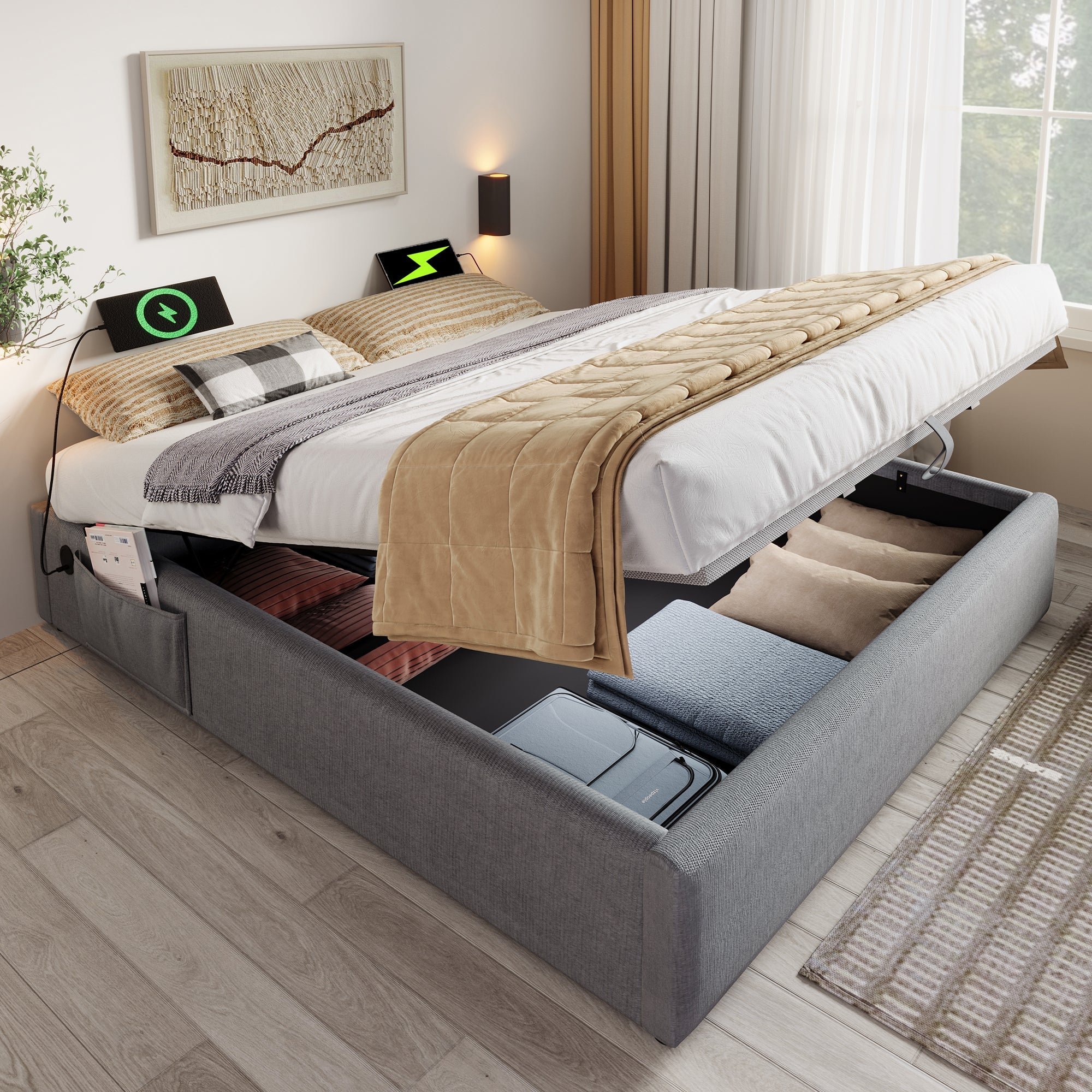 Logidon upholstered bed 160x200 gray with USB C and full-surface slatted frame