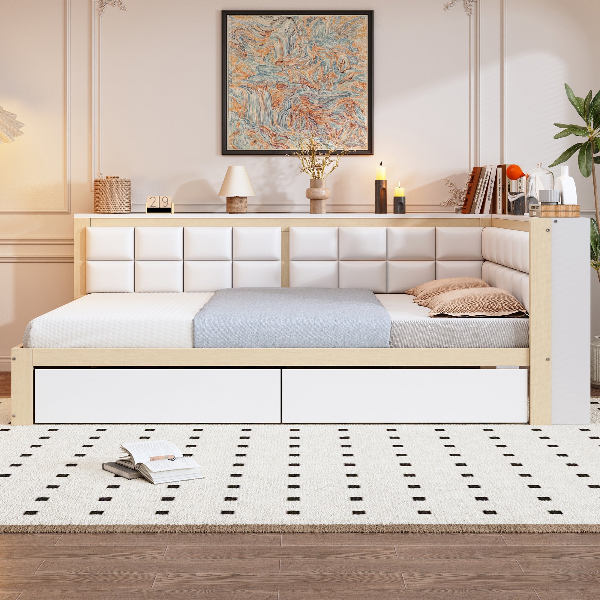 Logidon slaapbank 140x200 met rugleuning en opbergruimte naturel hout