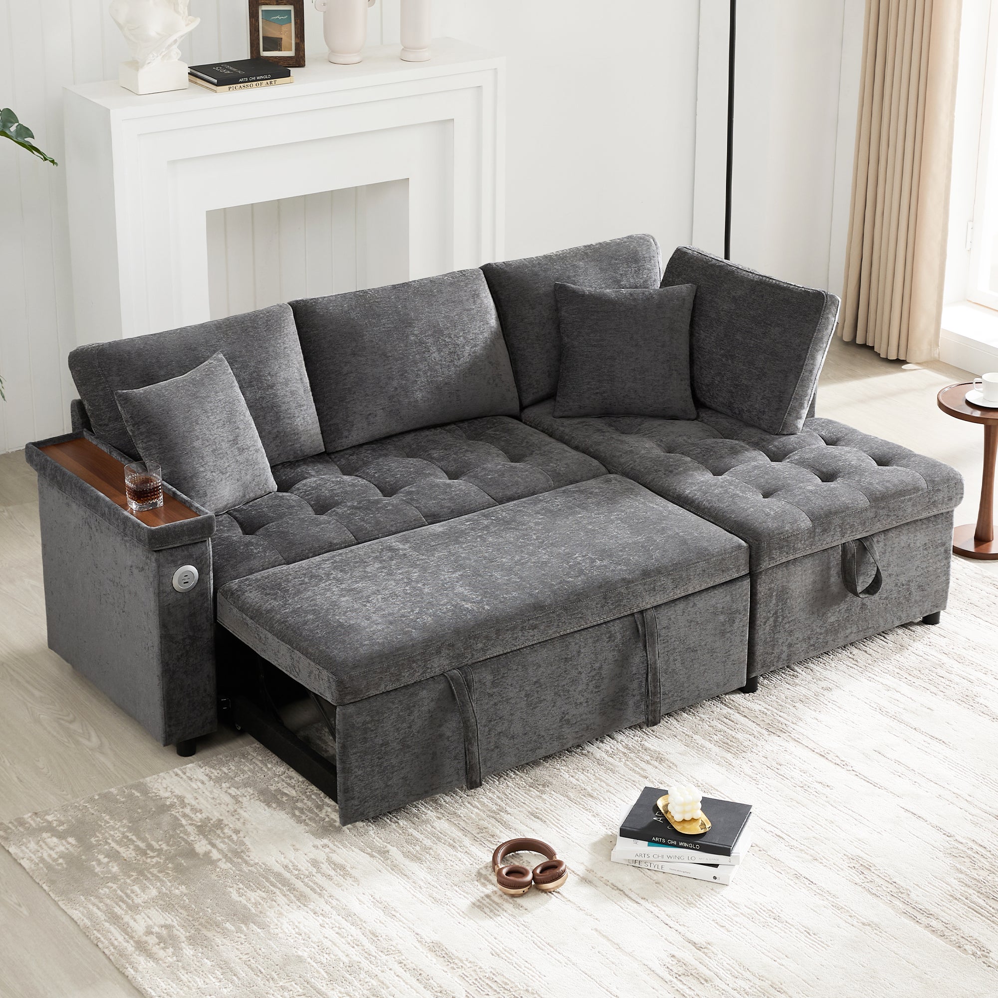 Logidon L-vorm slaapbank grijs fluweel chenille 209x130 cm opbergruimte