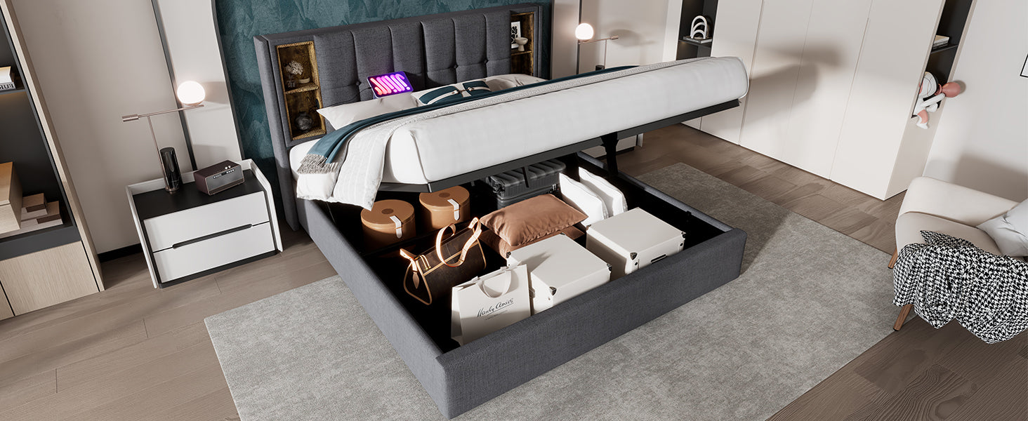 Logidon tweepersoonsbed 140x200cm met draadloos opladen USB C grijs