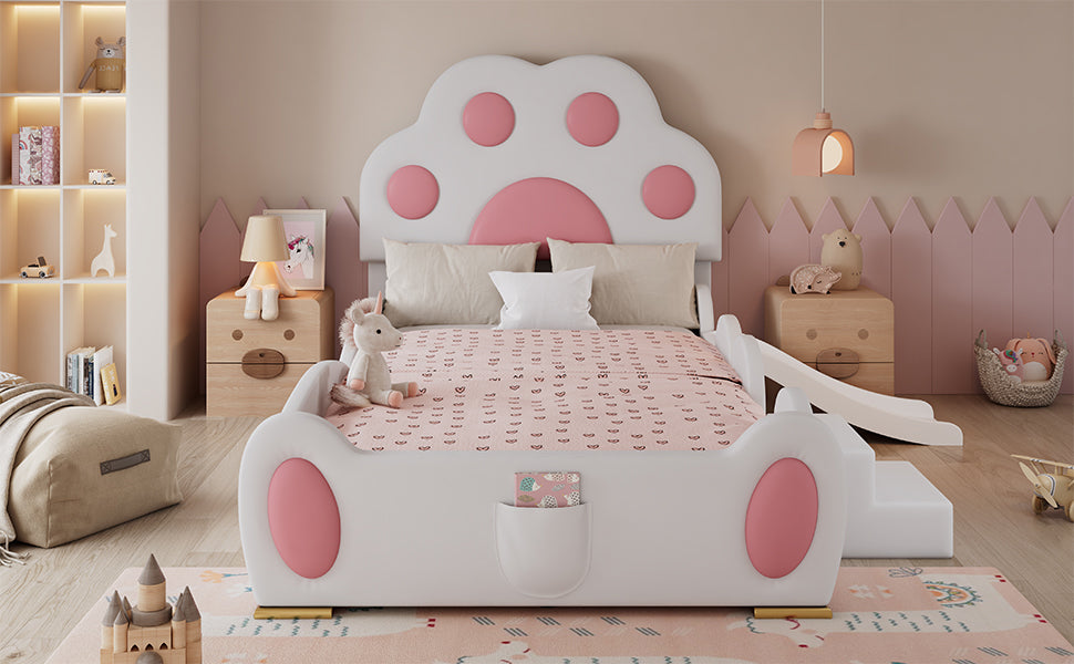 Logidon gestoffeerd bed 90x200 cm wit roze met kattenpoot hoofdeinde