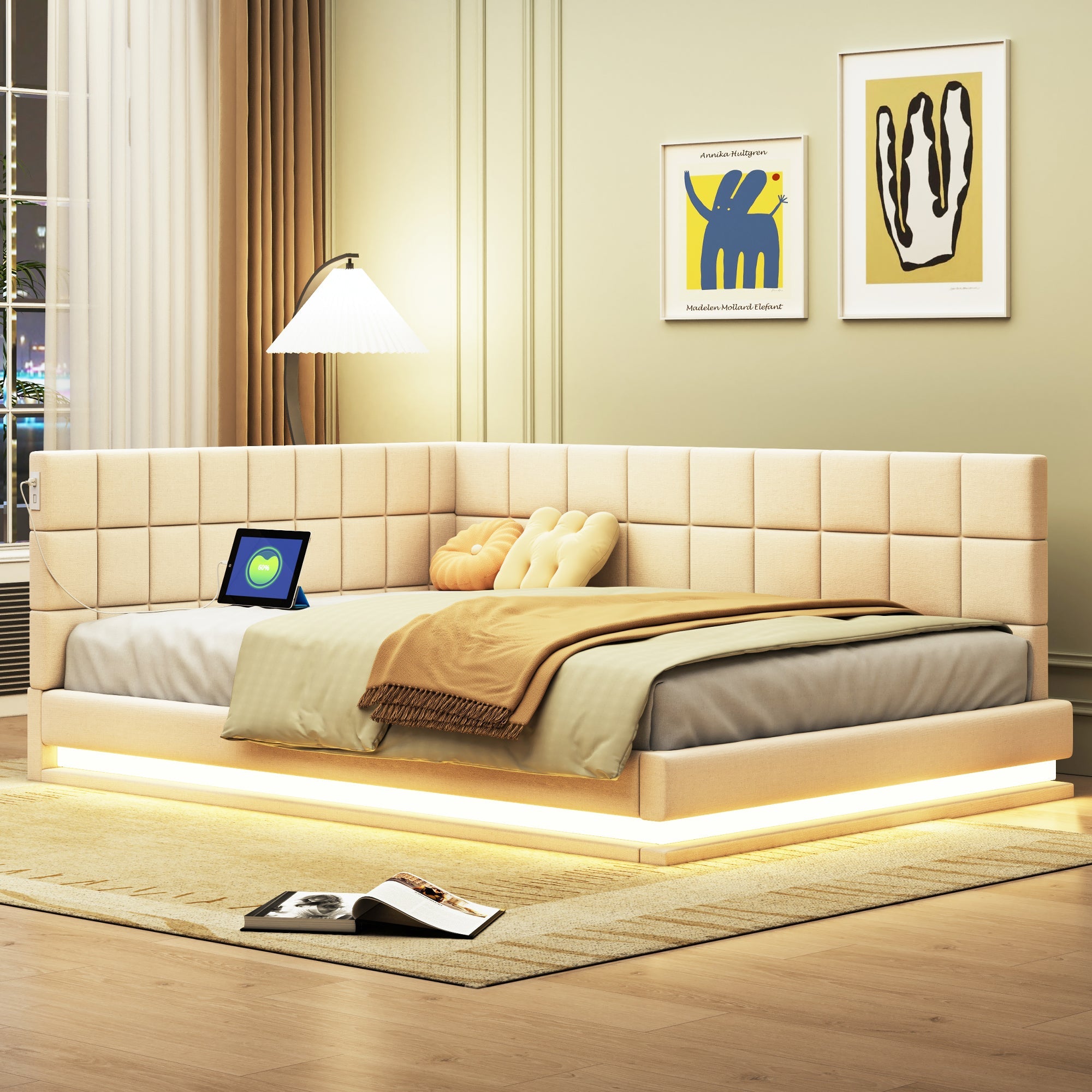 Logidon slaapbank gestoffeerd bed 140x200 beige met LED lichtstrip