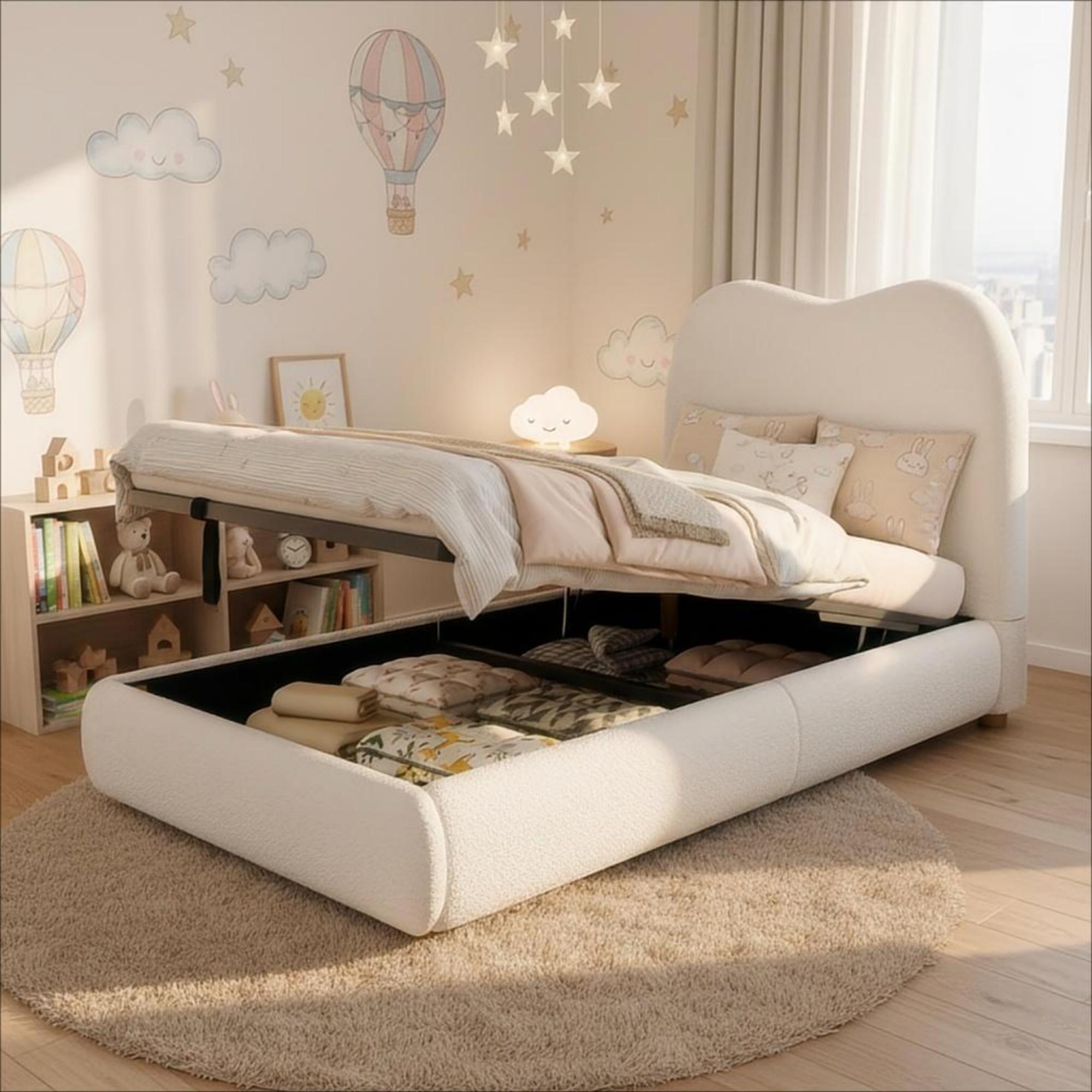 Logidon Hydraulisch Kinderbed 90 x 200 cm met Opbergruimte Beige Bouclé
