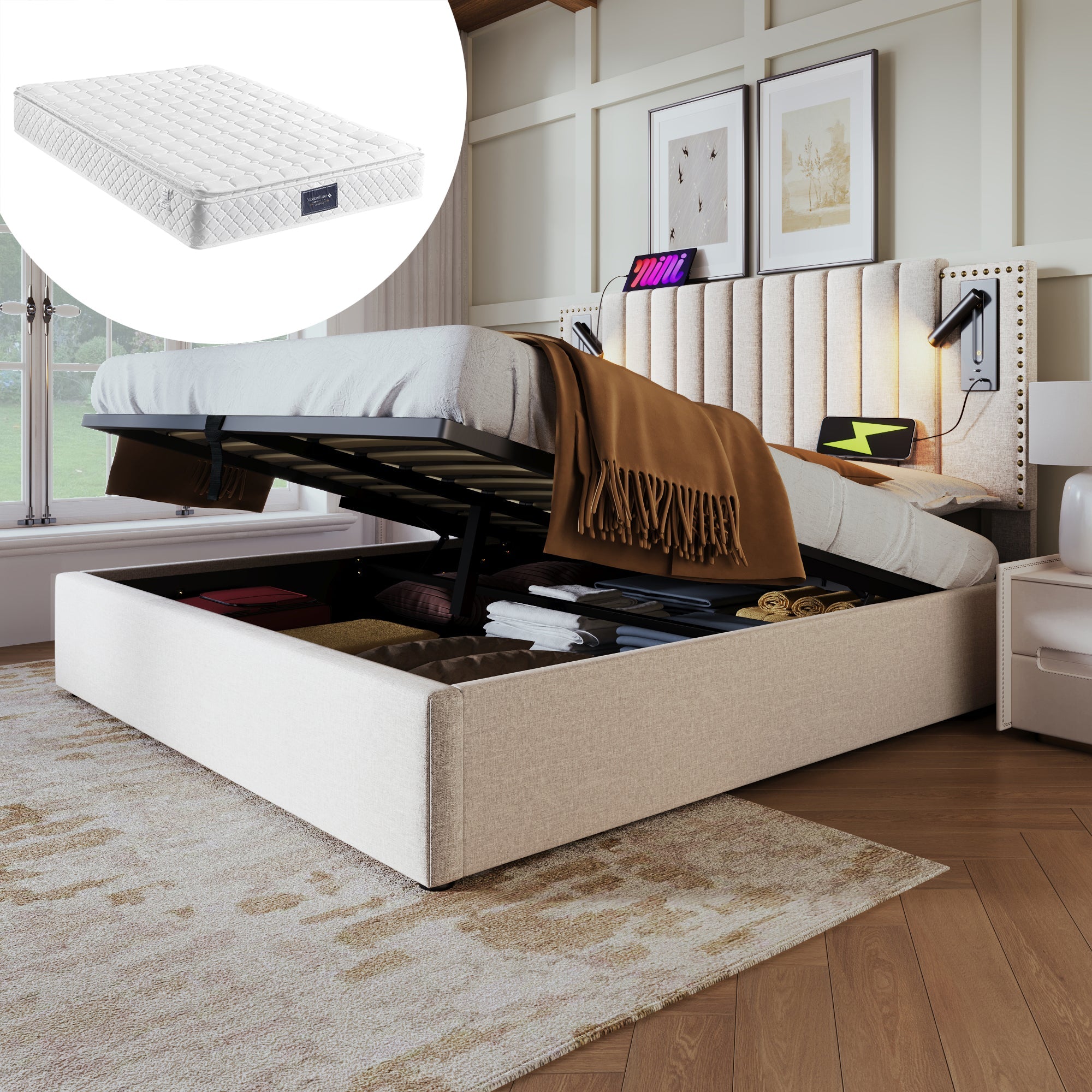 Logidon gestoffeerd bed 160x200 beige met opbergruimte en USB-leeslamp