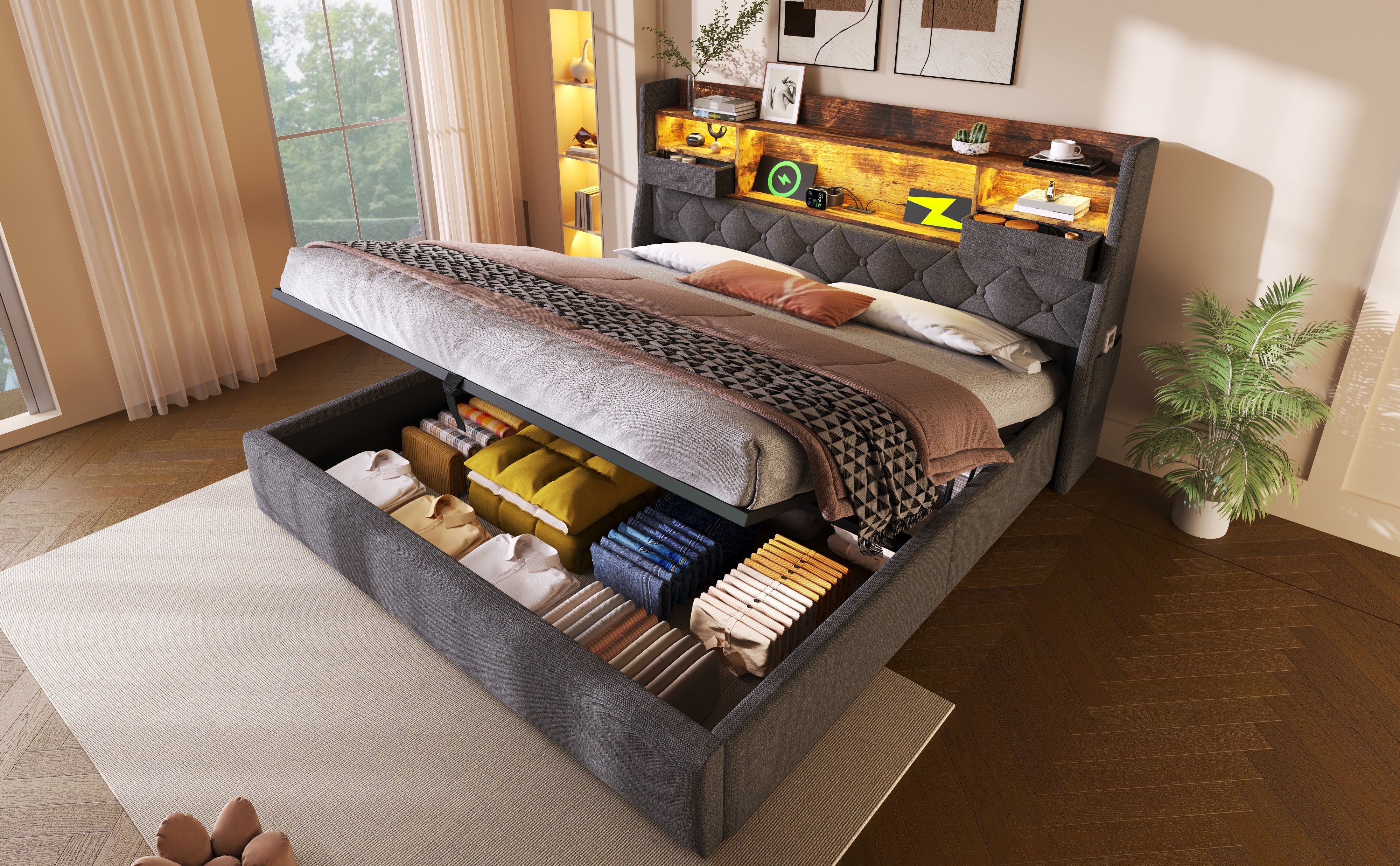 Logidon gestoffeerd bed 160x200 cm met opbergruimte, LED-hoofdbord, USB-C