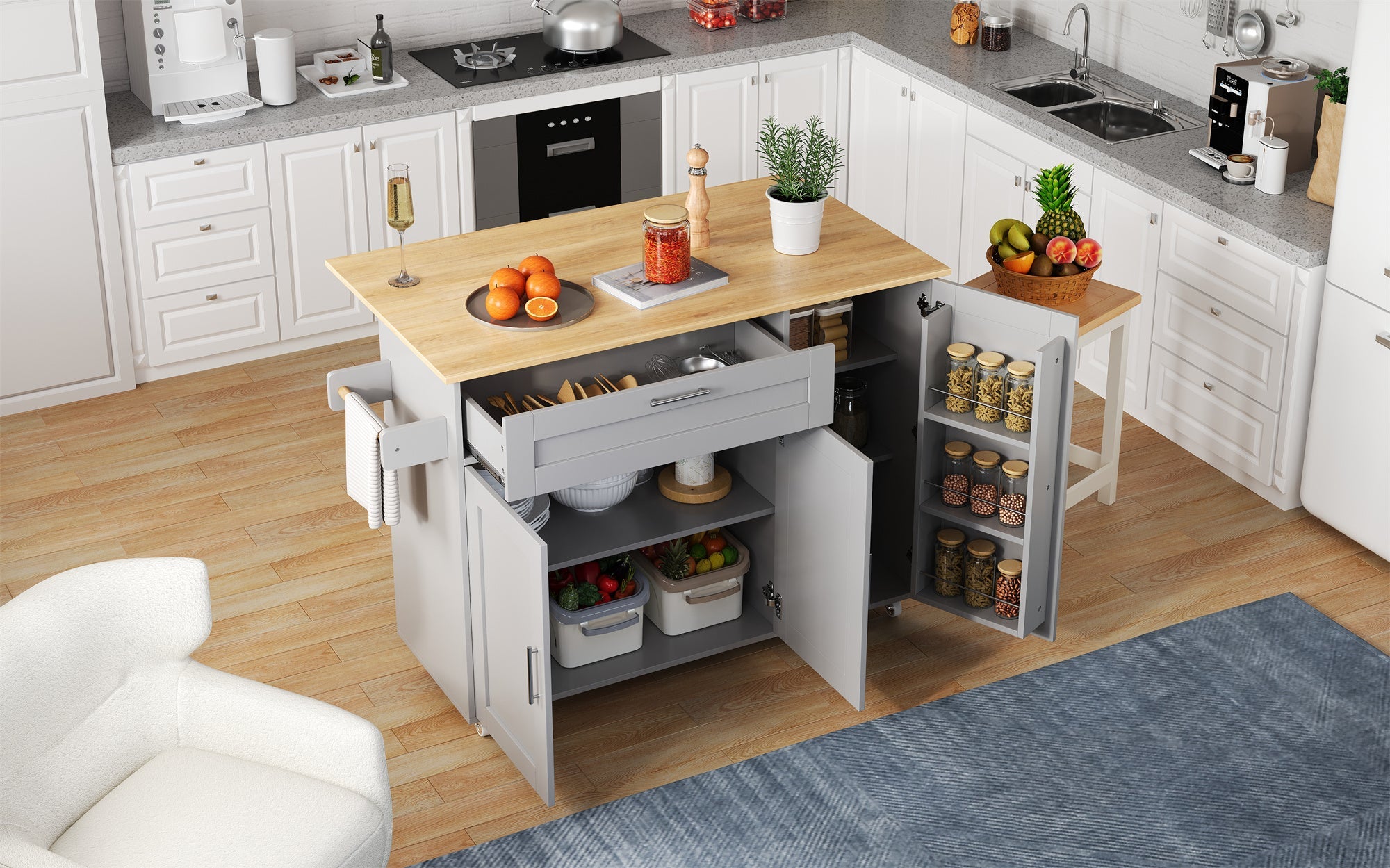 Logidon mobile kitchen table with folding top oak grain