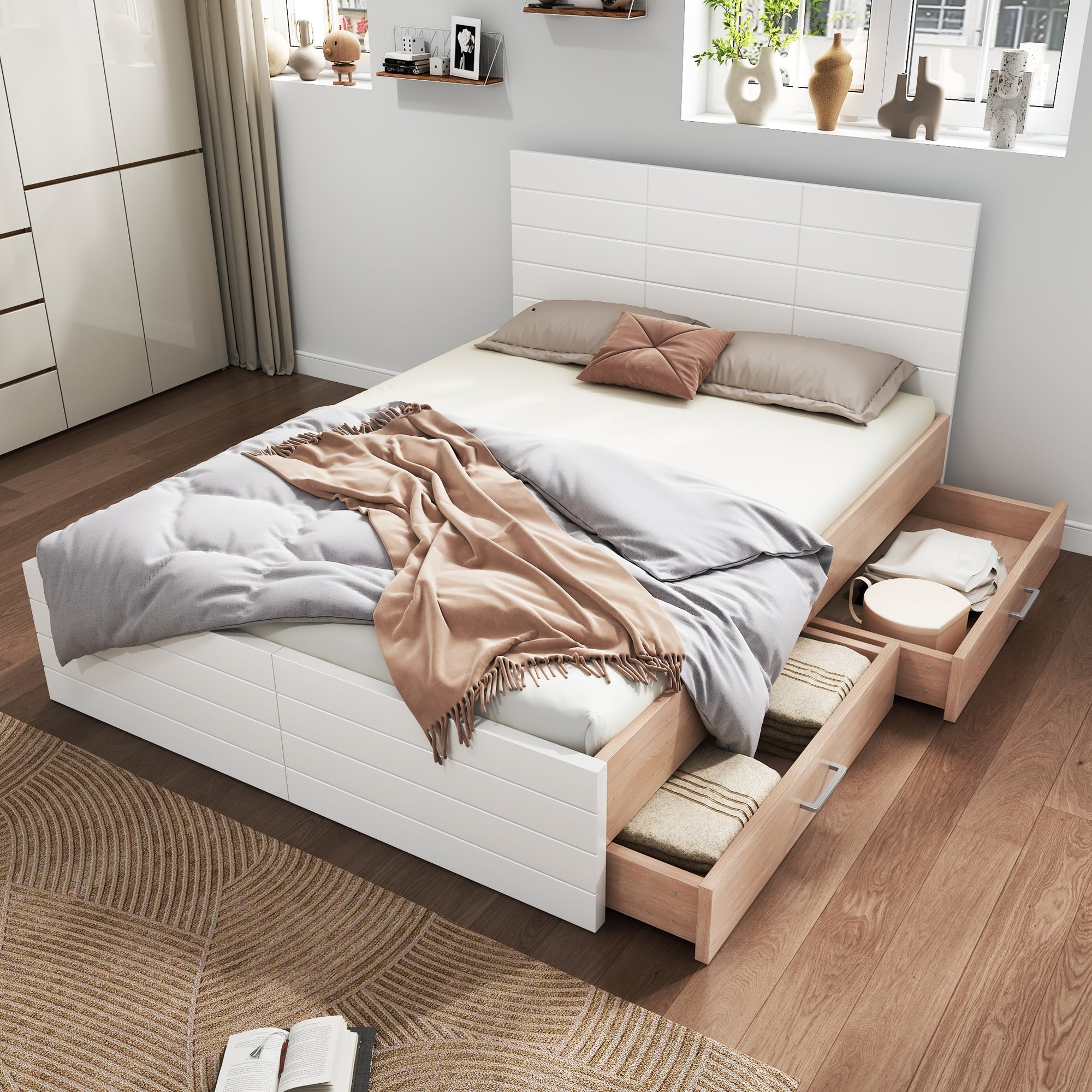 Logidon tweepersoonsbed 160x200 cm wit eiken met lattenbodem en 2 lades