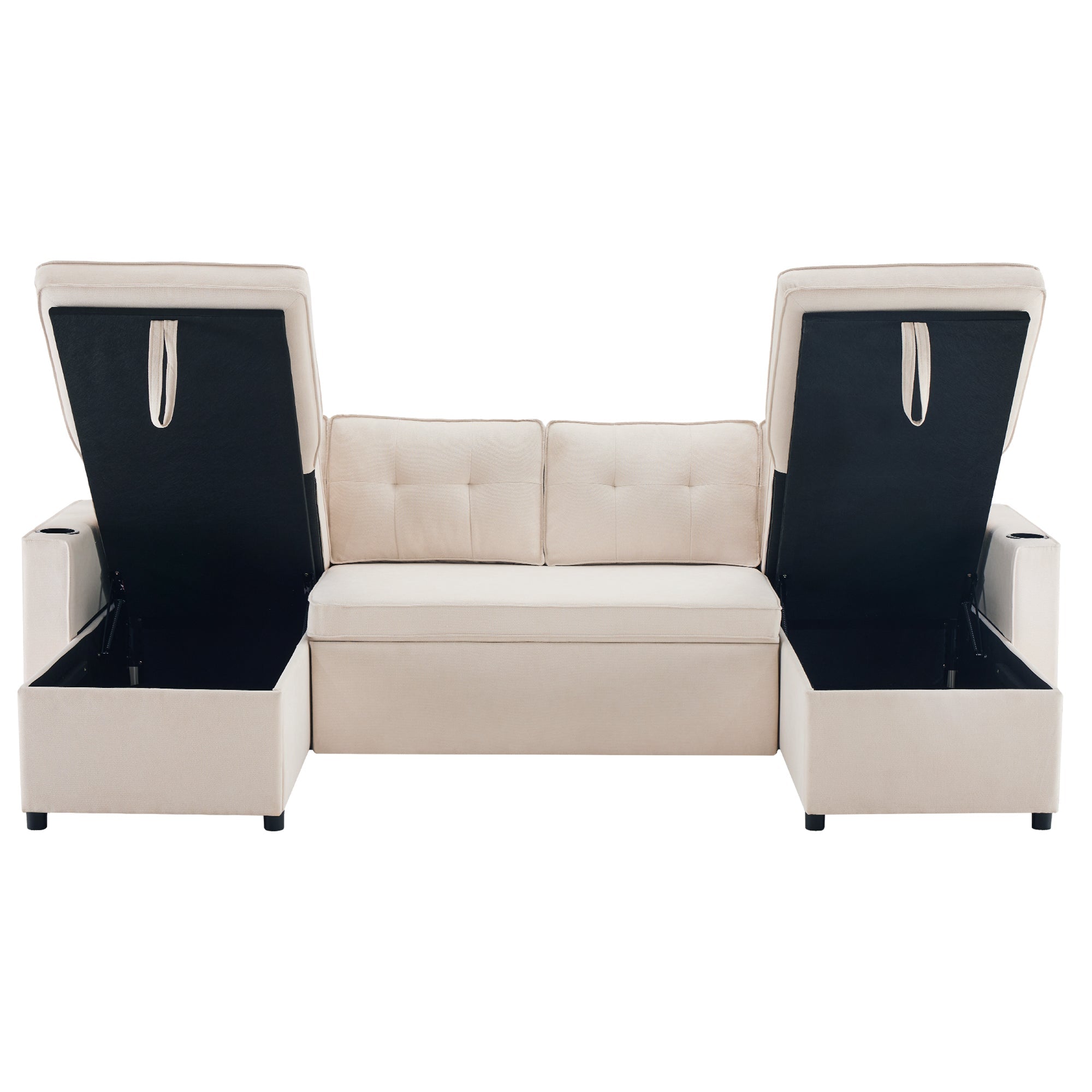 Logidon U-vormige slaapbank, beige stof, grote 4-zits bekerhouder