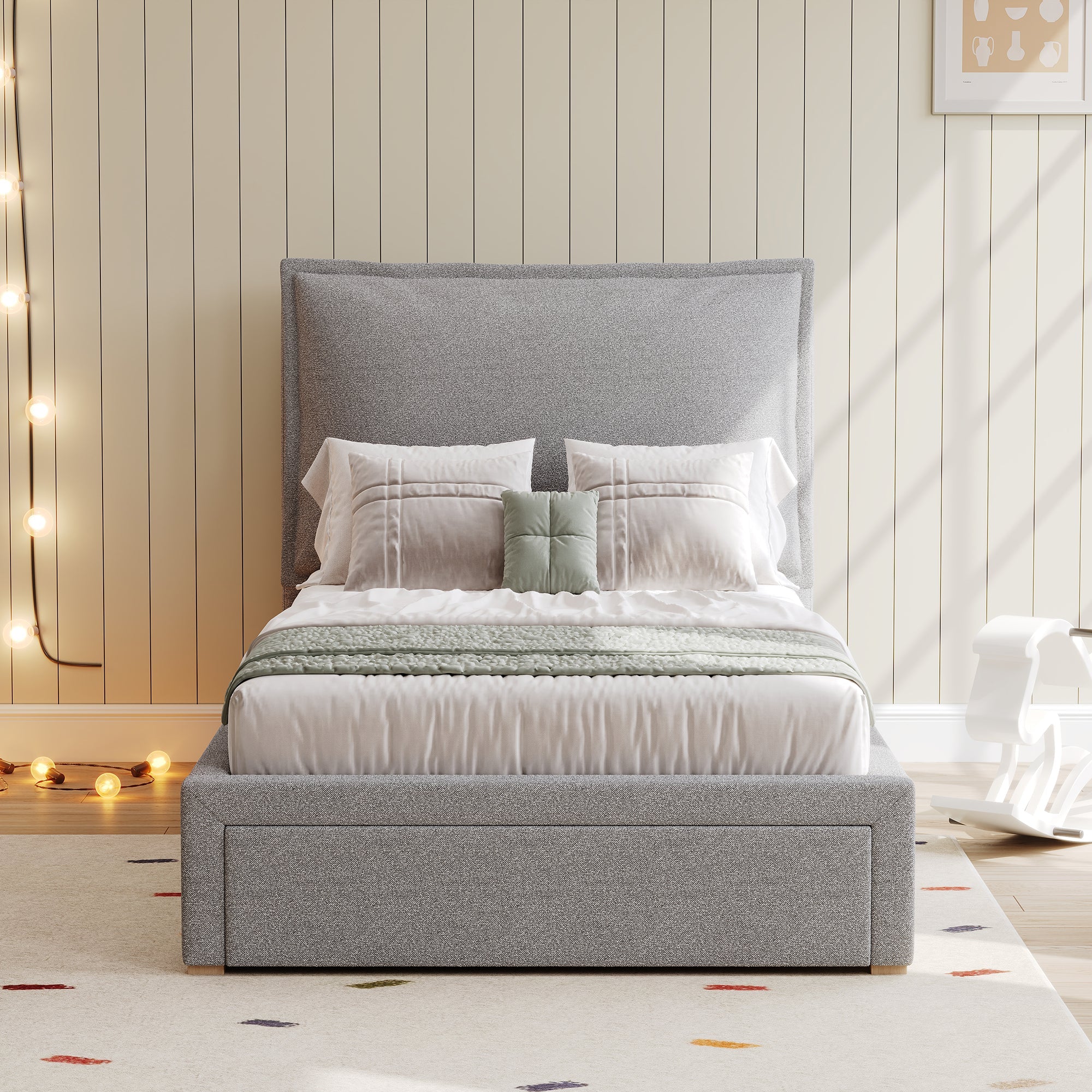 Logidon gestoffeerd bed 90x200 cm functioneel bed grote lade grijze chenille