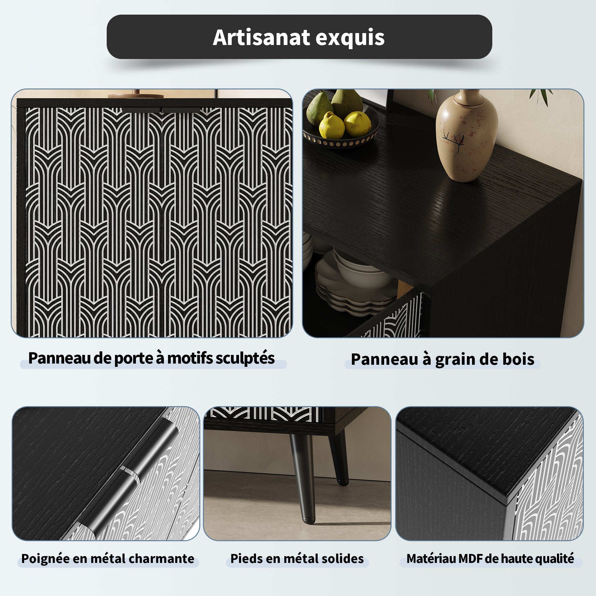 Logidon eetkamerkast 120x35x78 cm zwart met visgraatmotief