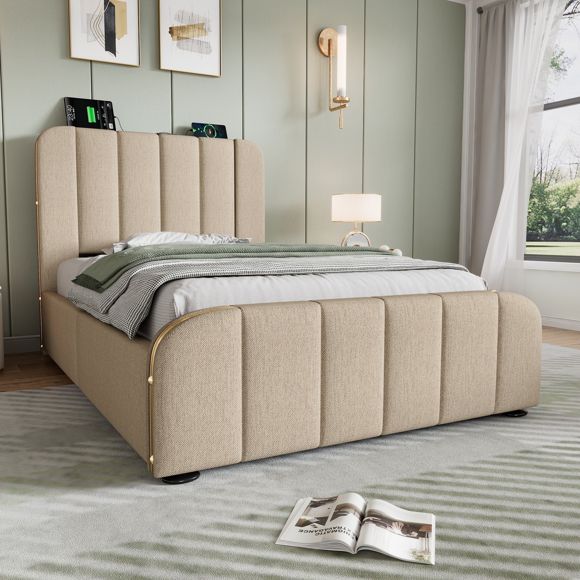 Logidon gestoffeerd bed 90x200 beige USB Type C oplaadfunctie 4 lades