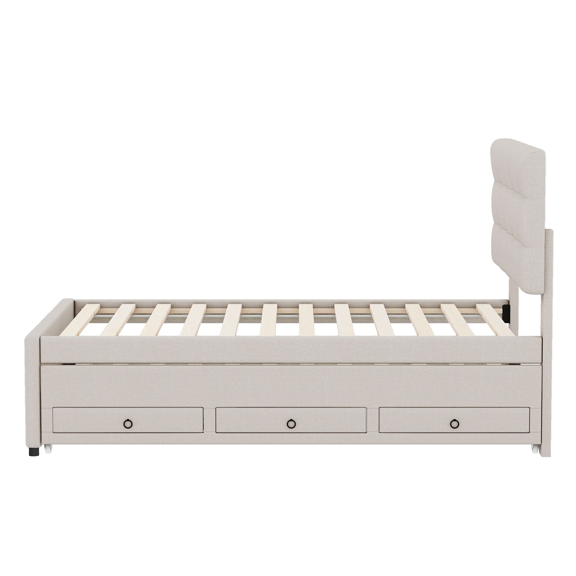 Logidon gestoffeerd bed 90x200 beige uitschuifbaar onderschuifbed 3 lades