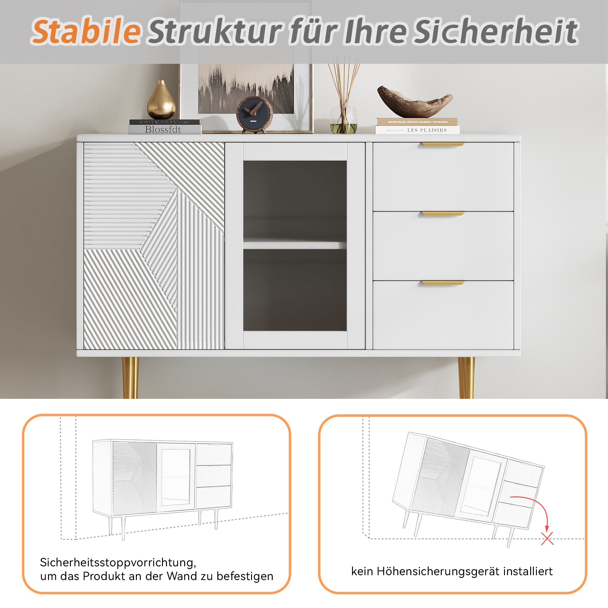 Logidon ladekast wit met 3 lades en 2 glazen deuren 120x38x79,5 cm