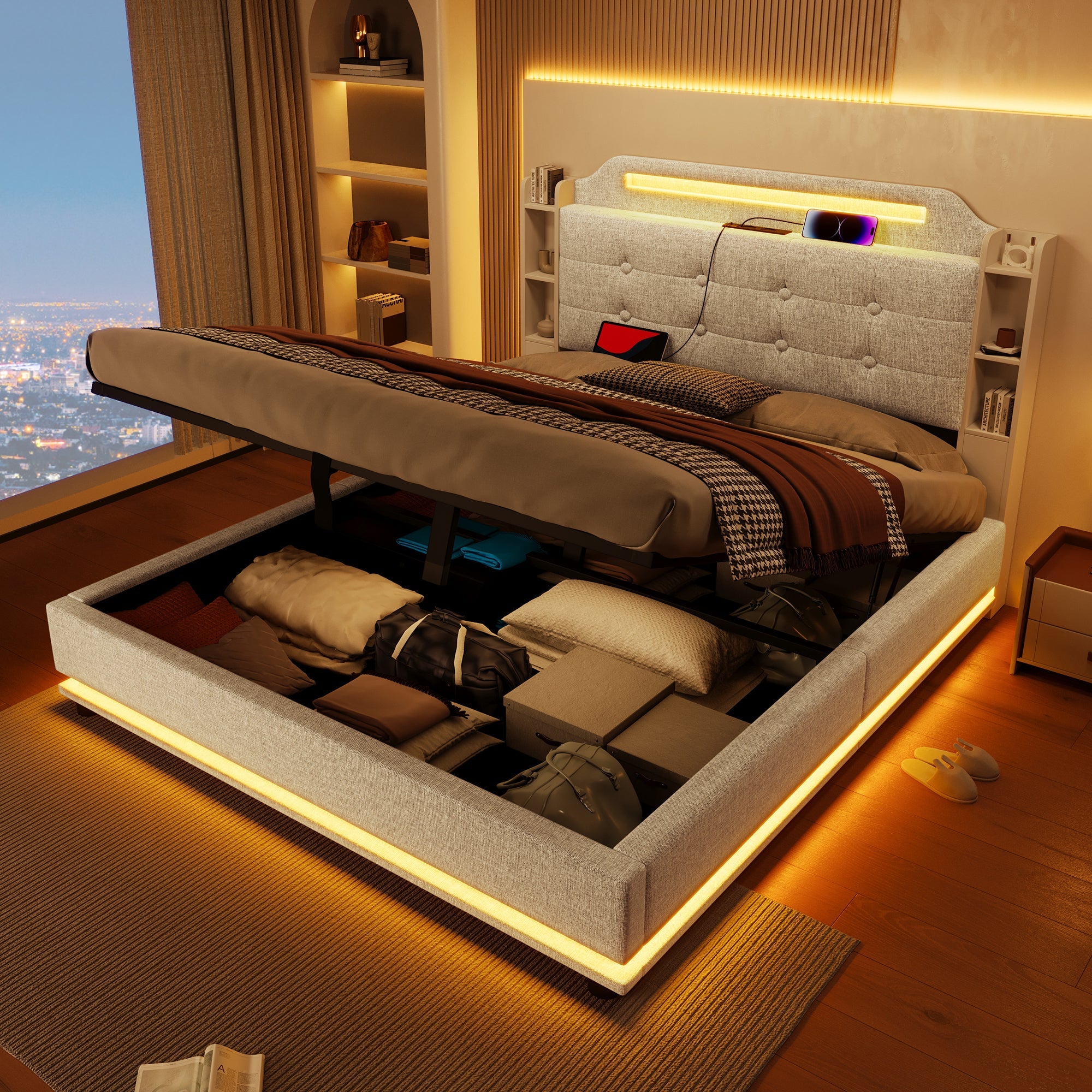 Logidon gestoffeerd bed 140x200 beige met LED lichtstrip en opbergruimte