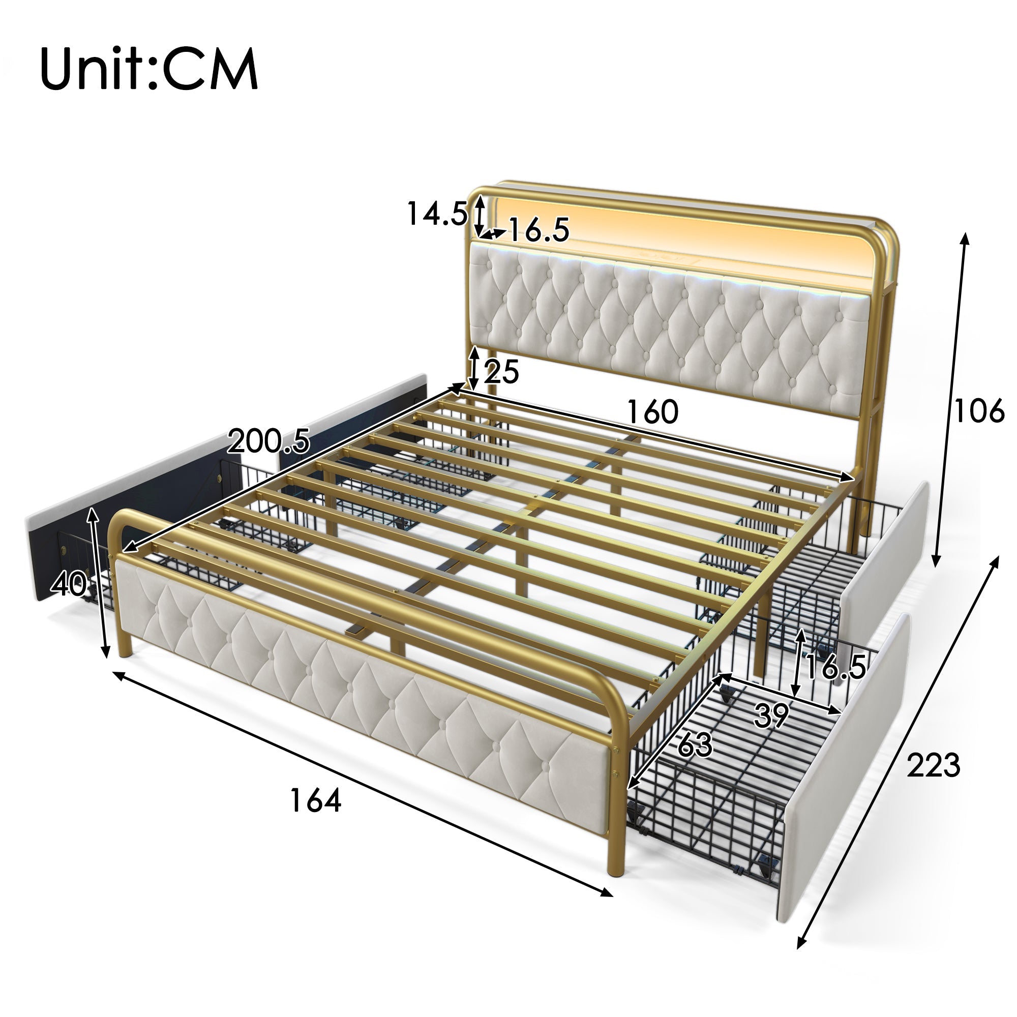 Logidon fluwelen gestoffeerd bed 160x200 wit USB Type C LED app oplaadfunctie