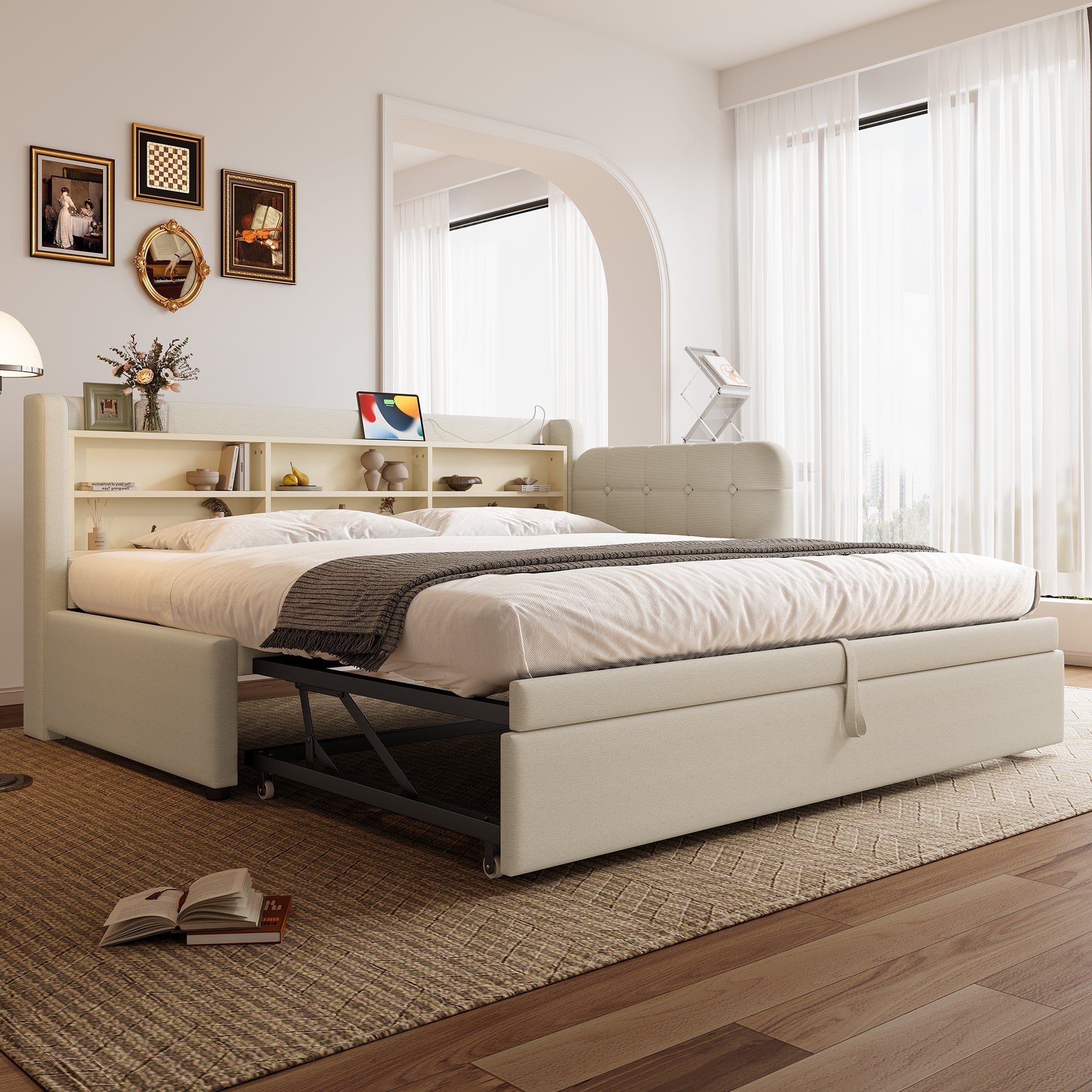 Logidon Daybed 90x200 beige linnen uitschuifbare slaapbank USB Type C