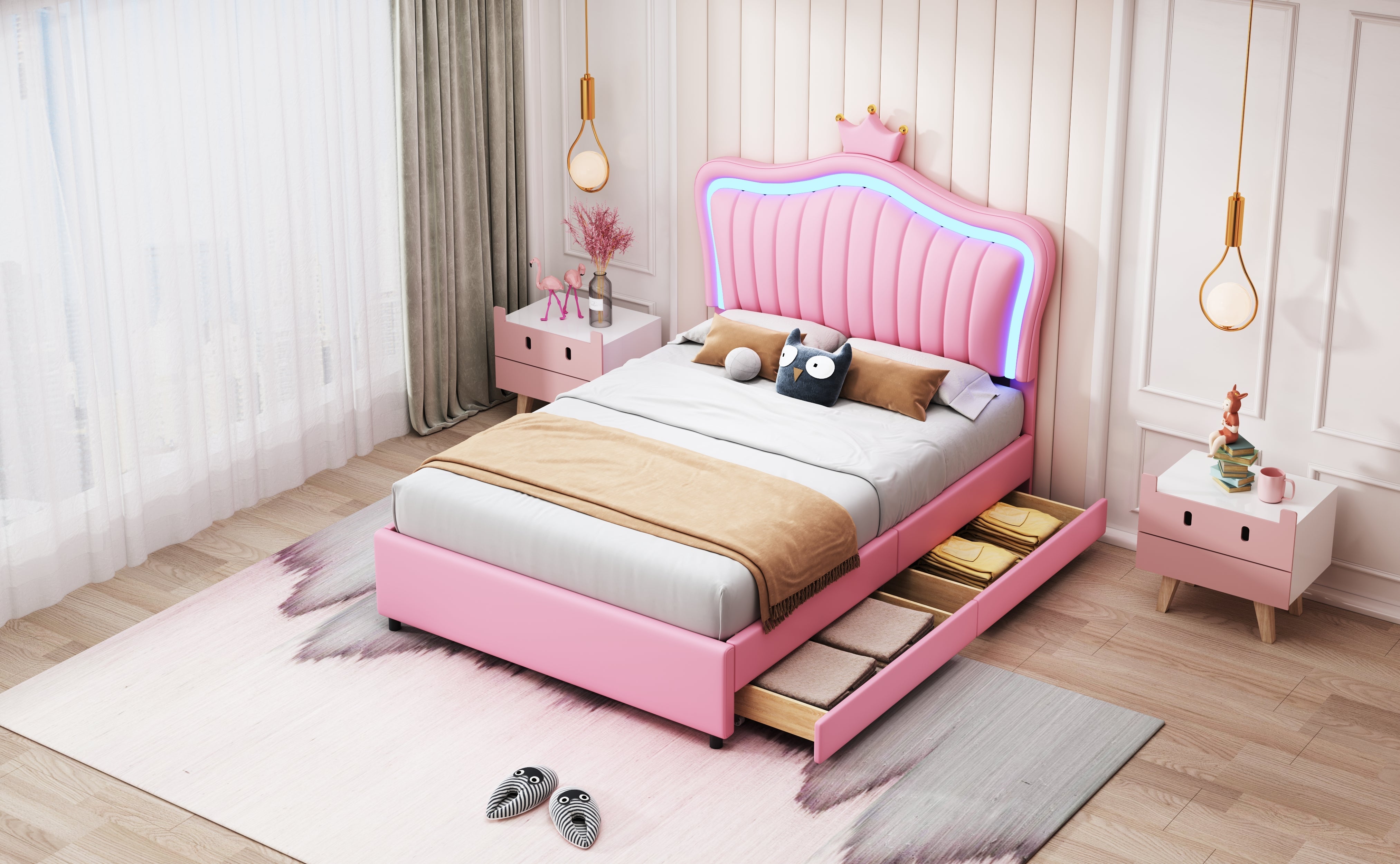 Logidon kinderbed roze 90x200 gestoffeerd bed met LED verlichting