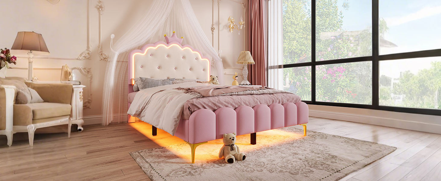 Logidon gestoffeerd bed 140x200 roze met lattenbodem LED-verlichting