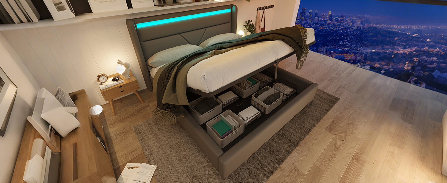 Logidon hydraulisch opbergbed 140x200 grijze LED-verlichting