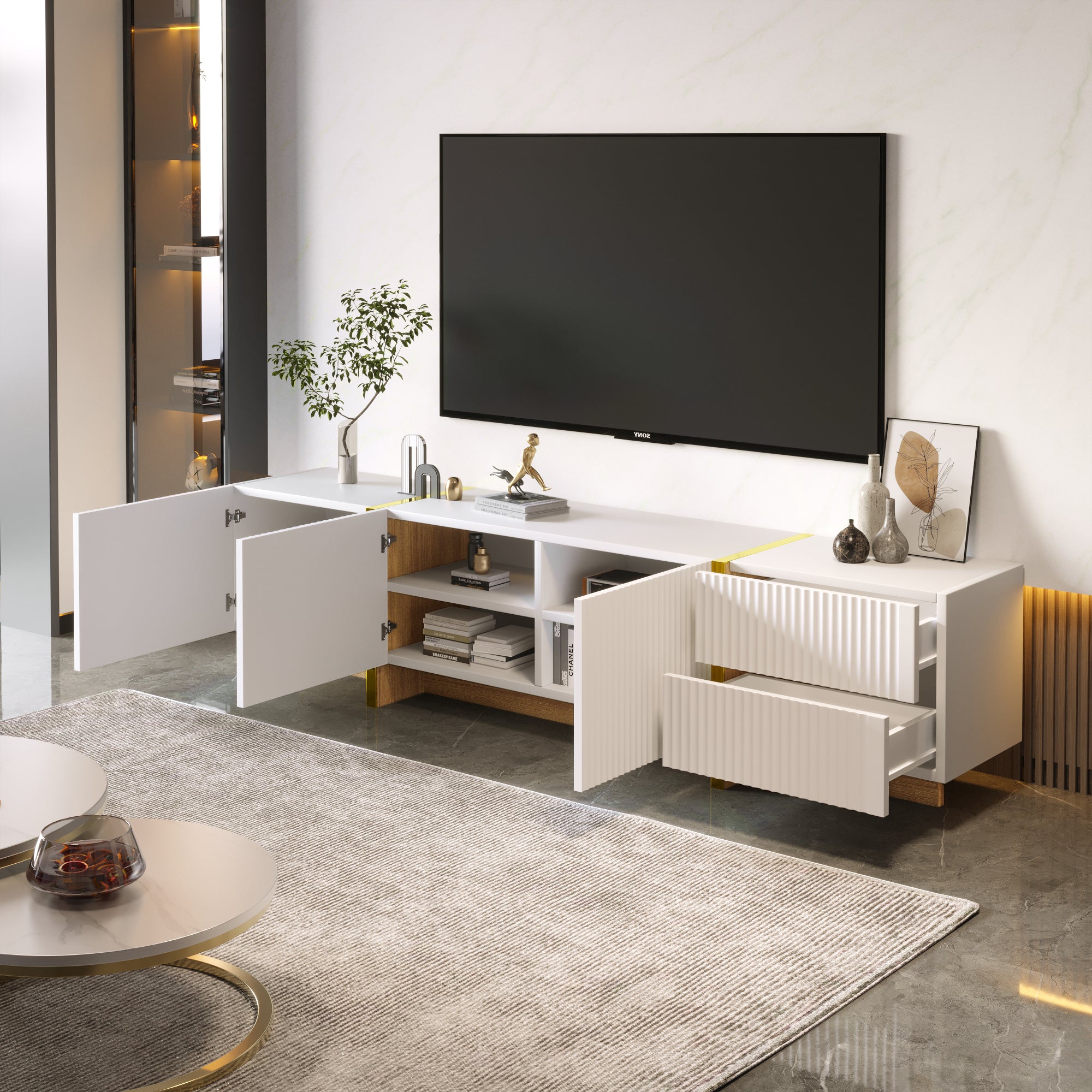 Logidon TV-meubel 190 cm wit goud houtnerf 3 deuren 2 lades