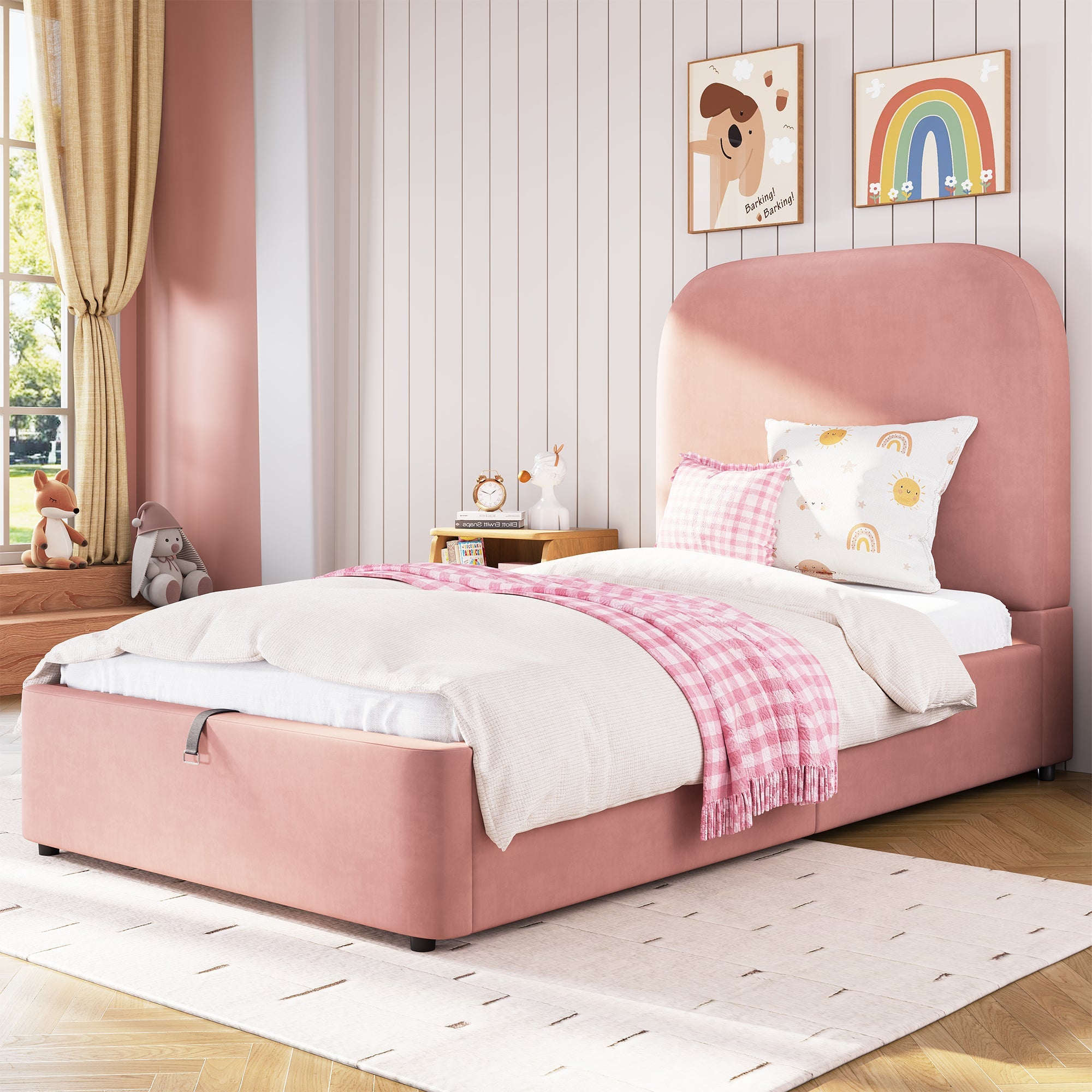 Logidon gestoffeerd bed 90x200 roze hydraulisch met opbergruimte fluweel