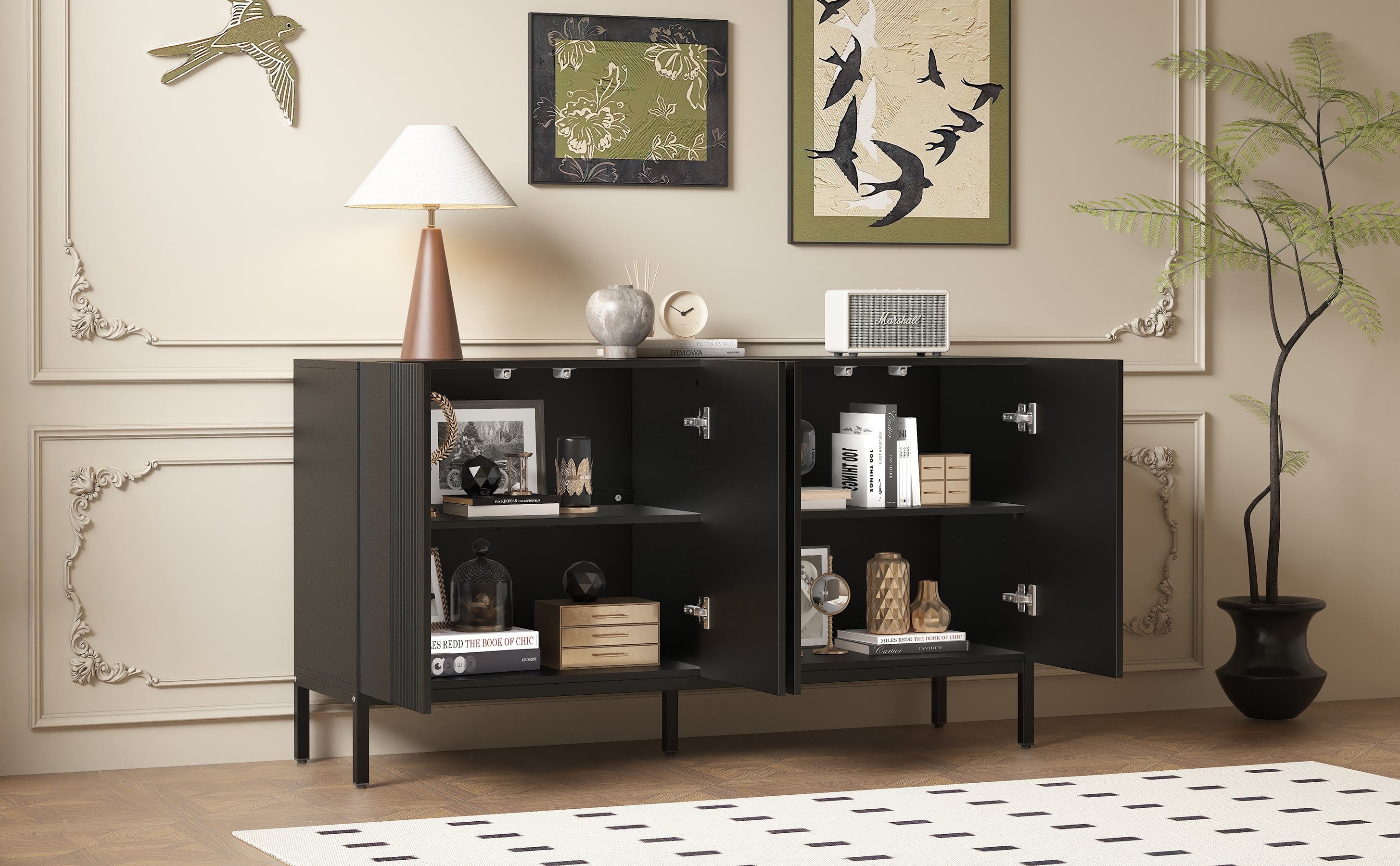 Logidon Modern Dressoir 4-deurs Greeploos Zwart 145x41x80 cm