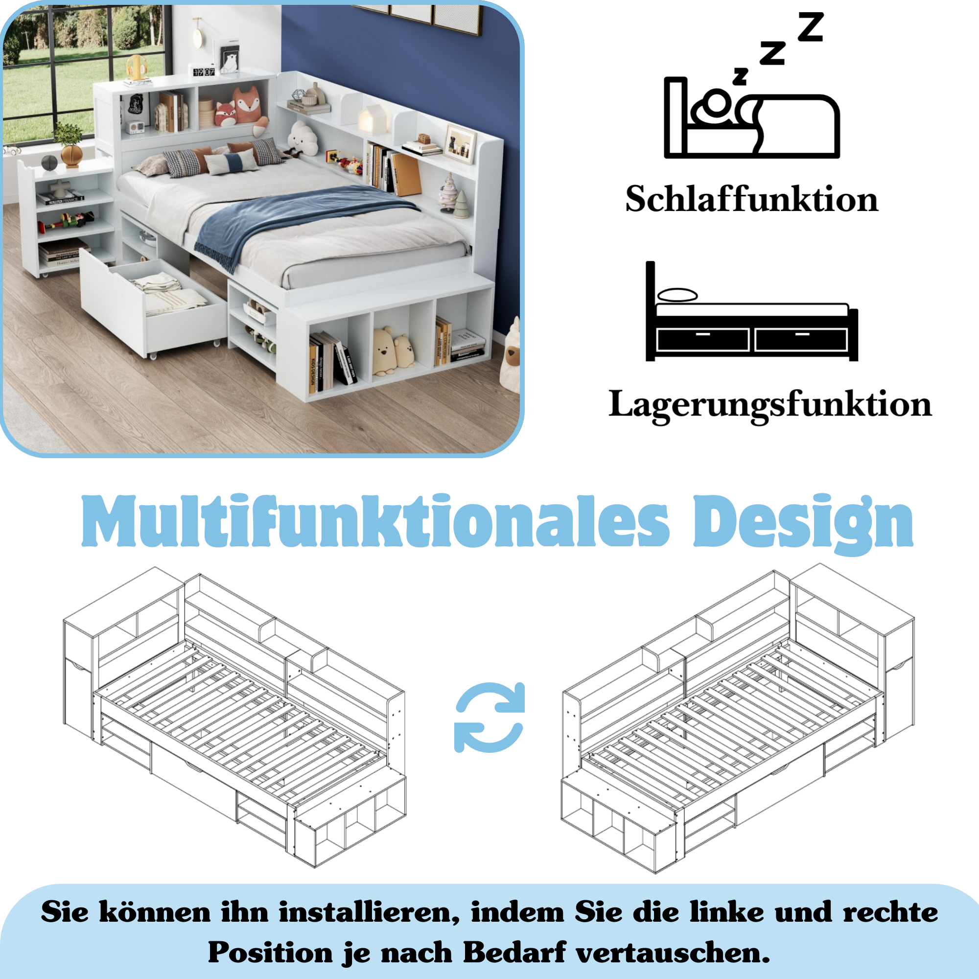 Logidon 90x190 kinderbed wit multifunctioneel bed met opbergruimte