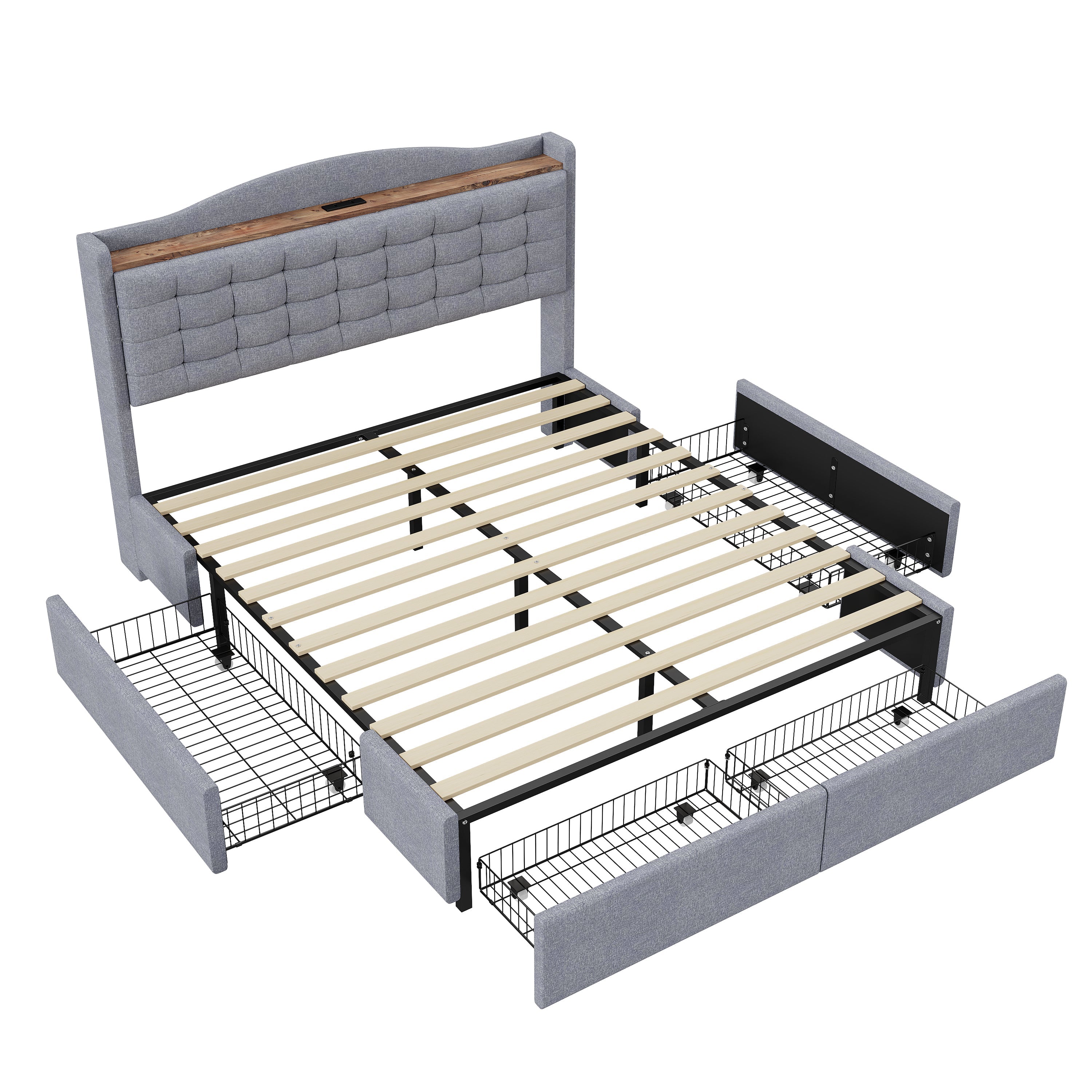 Logidon gestoffeerd bed 140x200 grijs linnen met USB-oplaadpoort