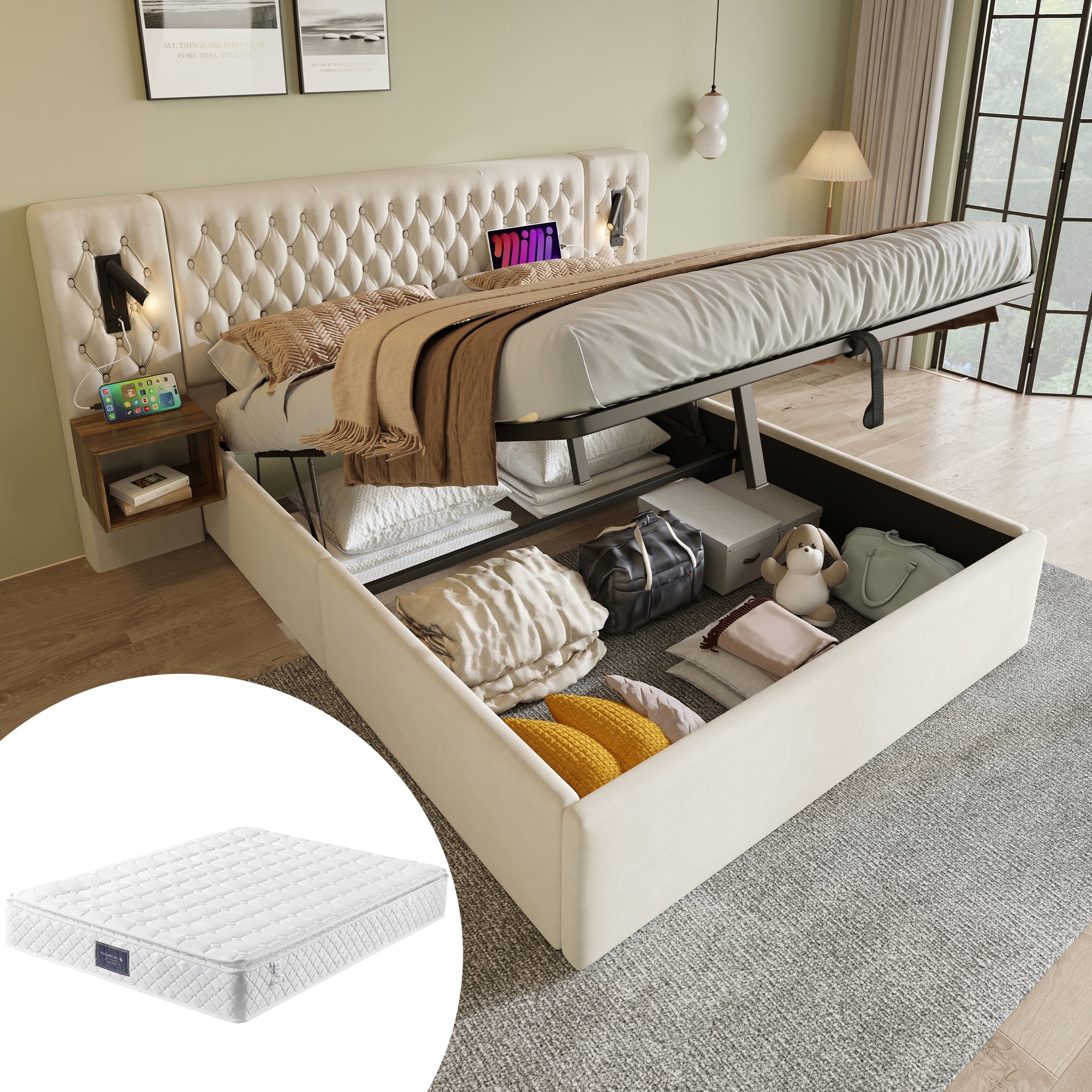 Logidon bedsysteem beige 160x200 cm hydraulisch opbergmatras