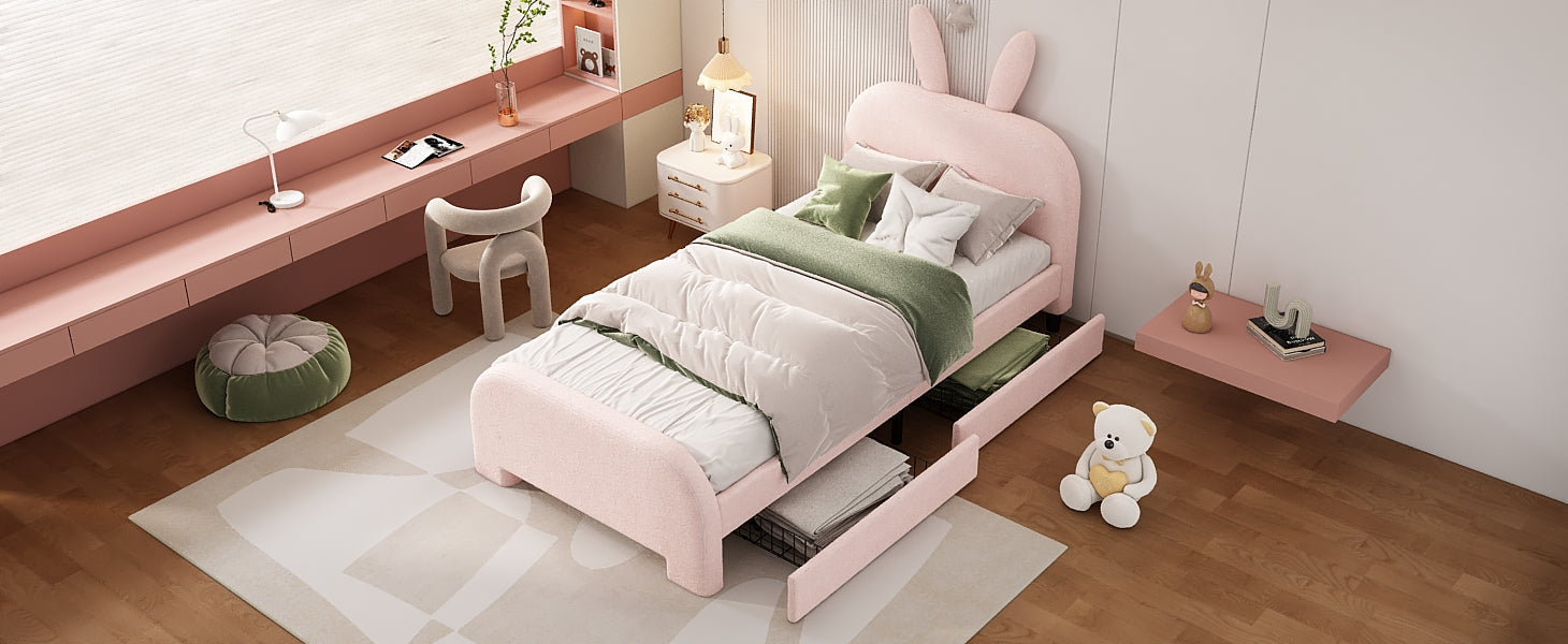 Logidon 90x200 Pink Flat Bed With Cartoon Rabbit Shape