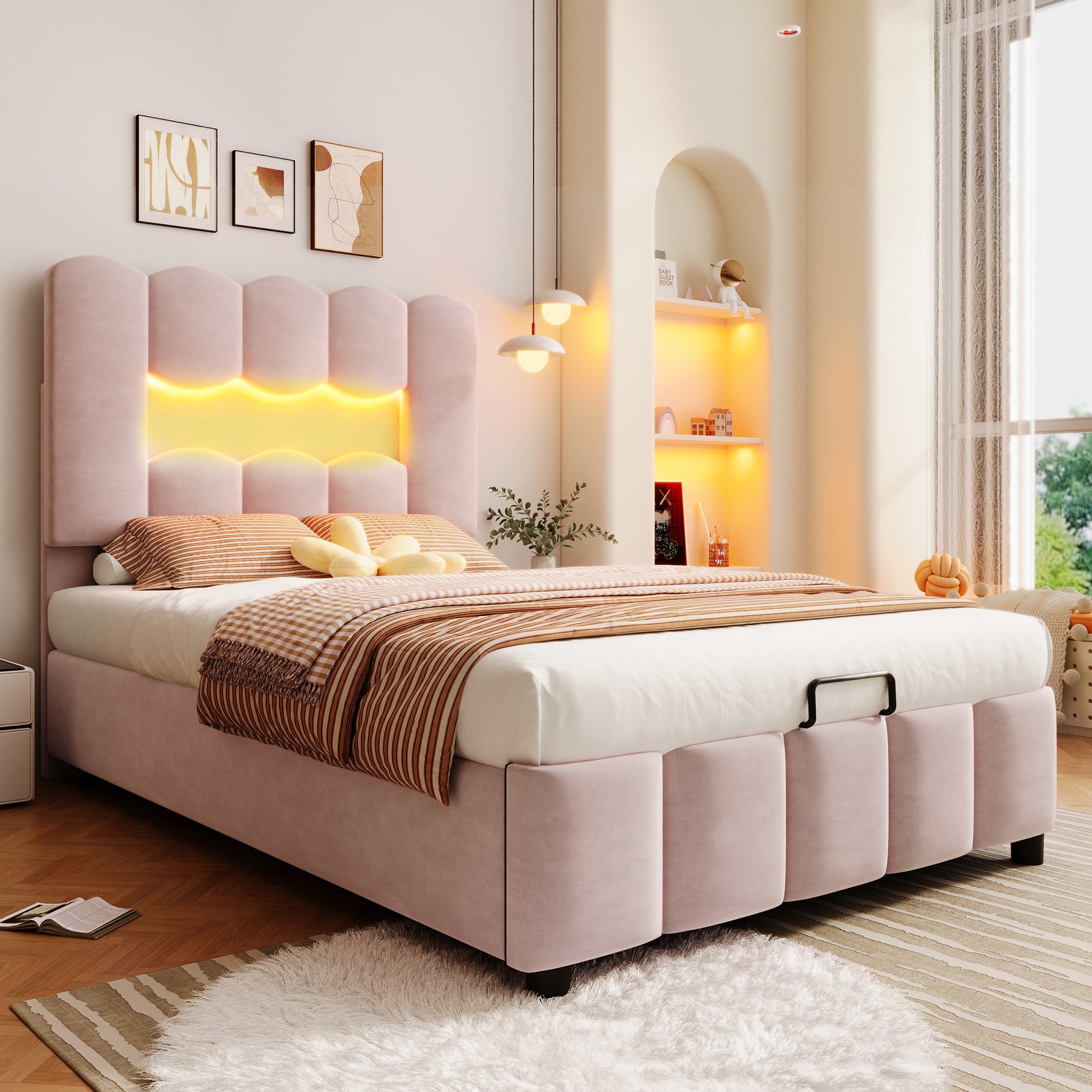 Logidon upholstered bed 90x200 pink velvet LED lighting hydraulic