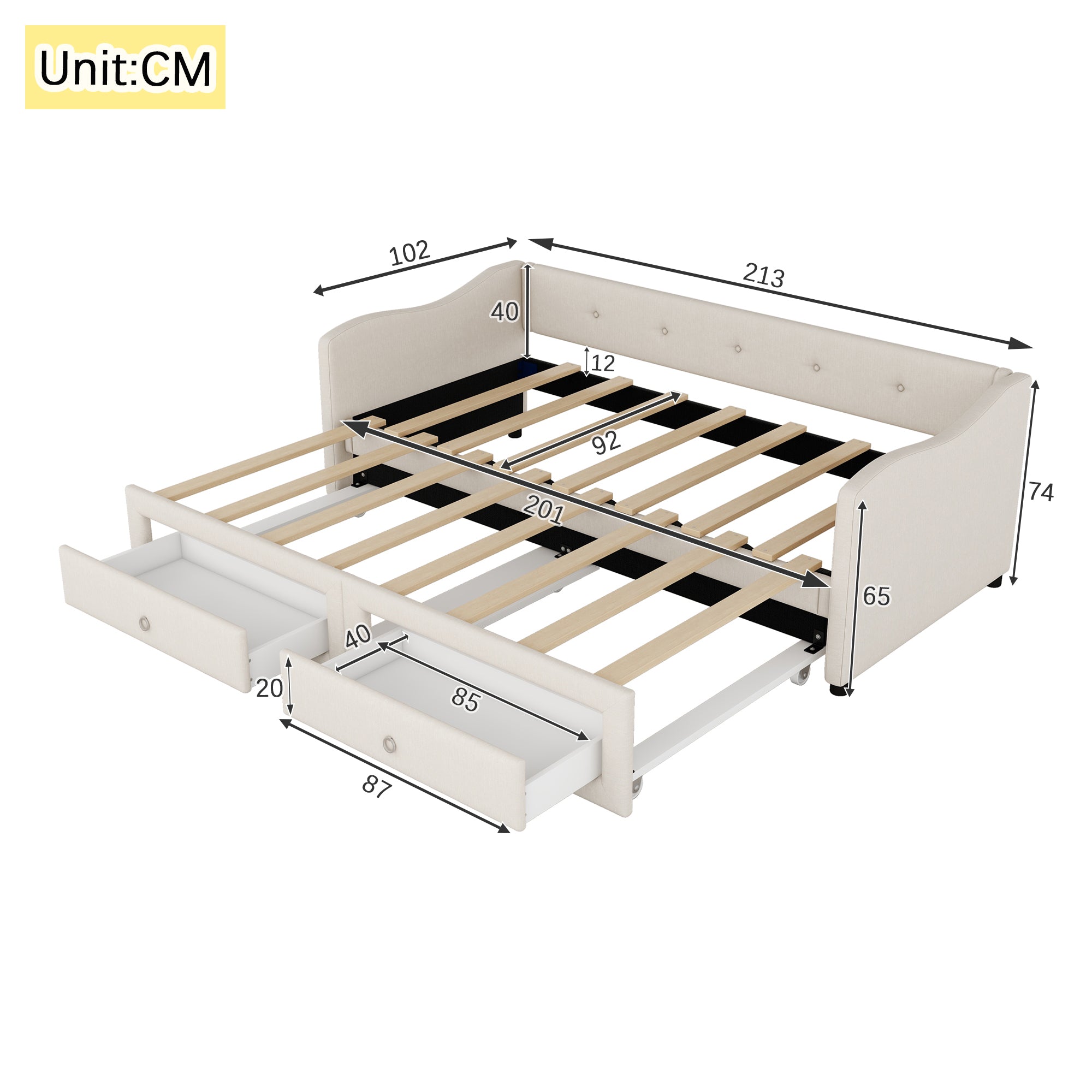 Logidon dagbed 90x200cm beige linnen met uitschuifbaar bed