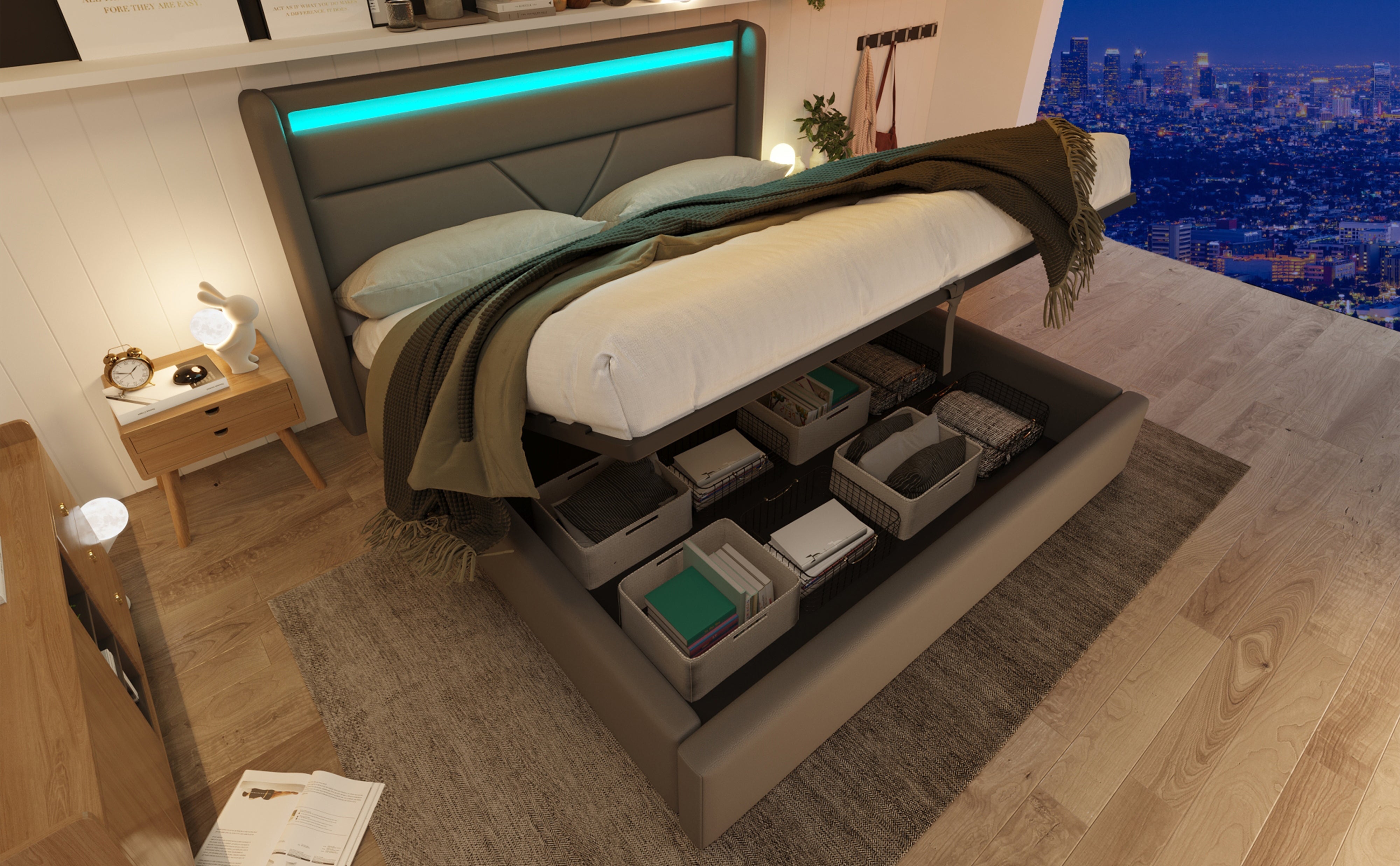 Logidon hydraulisch opbergbed 140x200 grijze LED-verlichting