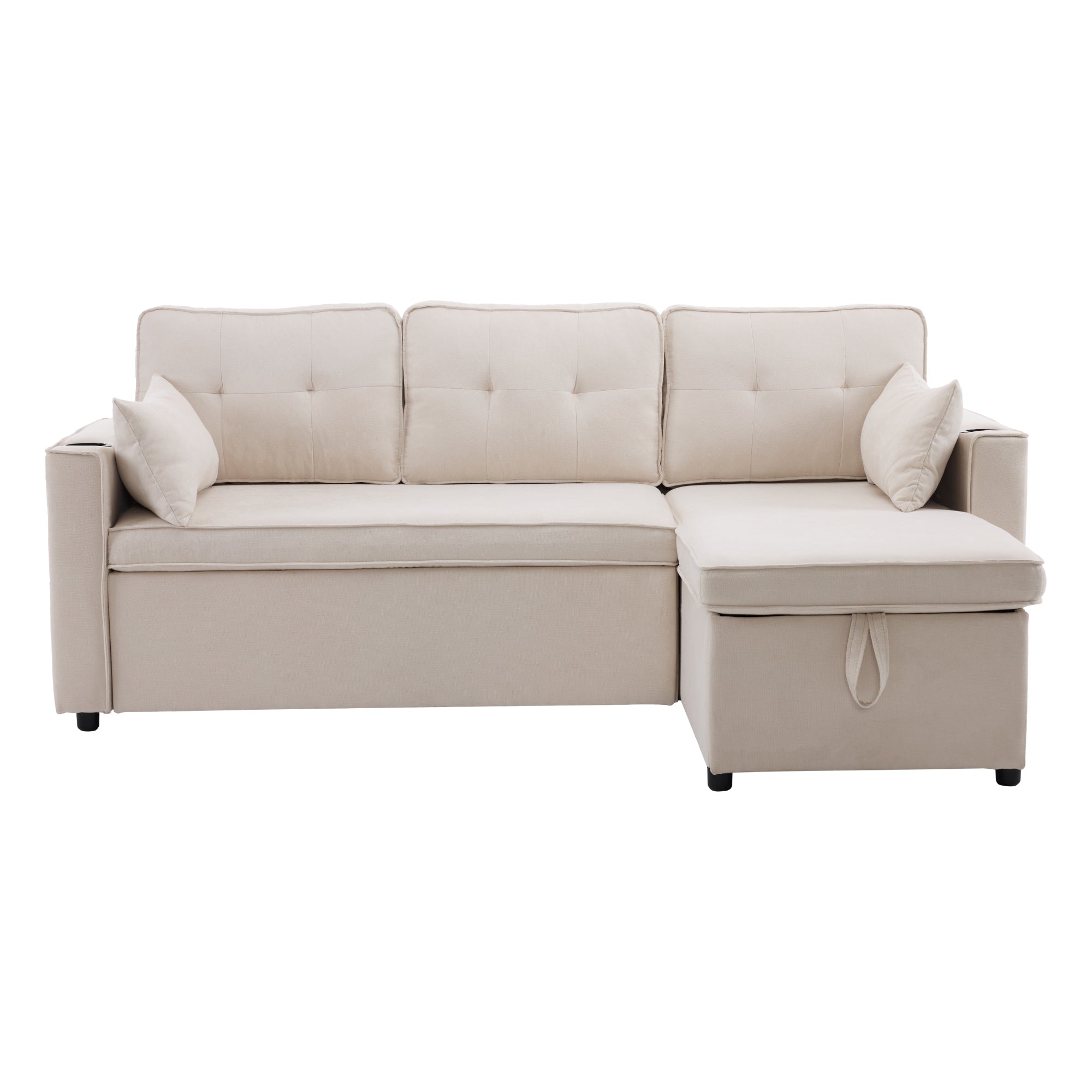 Logidon slaapbank L-vorm beige stof met opbergruimte en bekerhouder