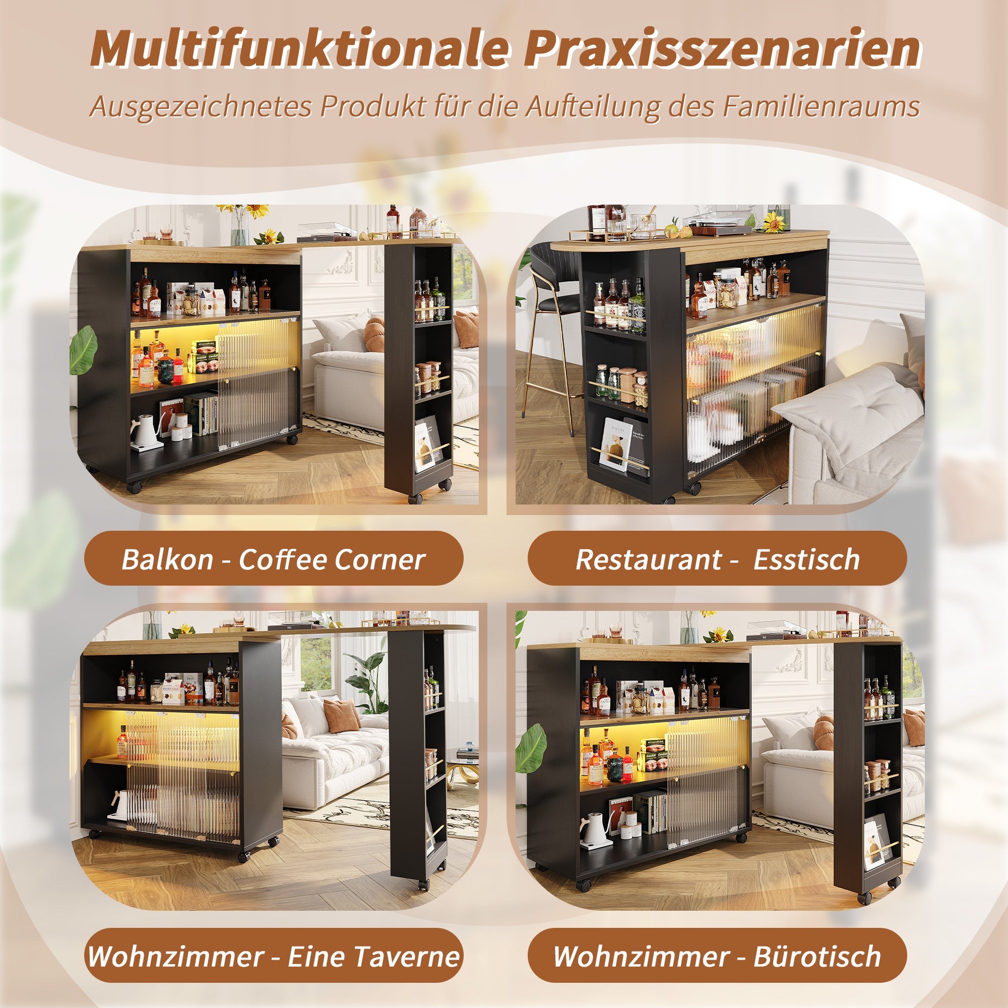 Logidon Uitschuifbare bartafel met opbergruimte en LED 138 tot 204 cm