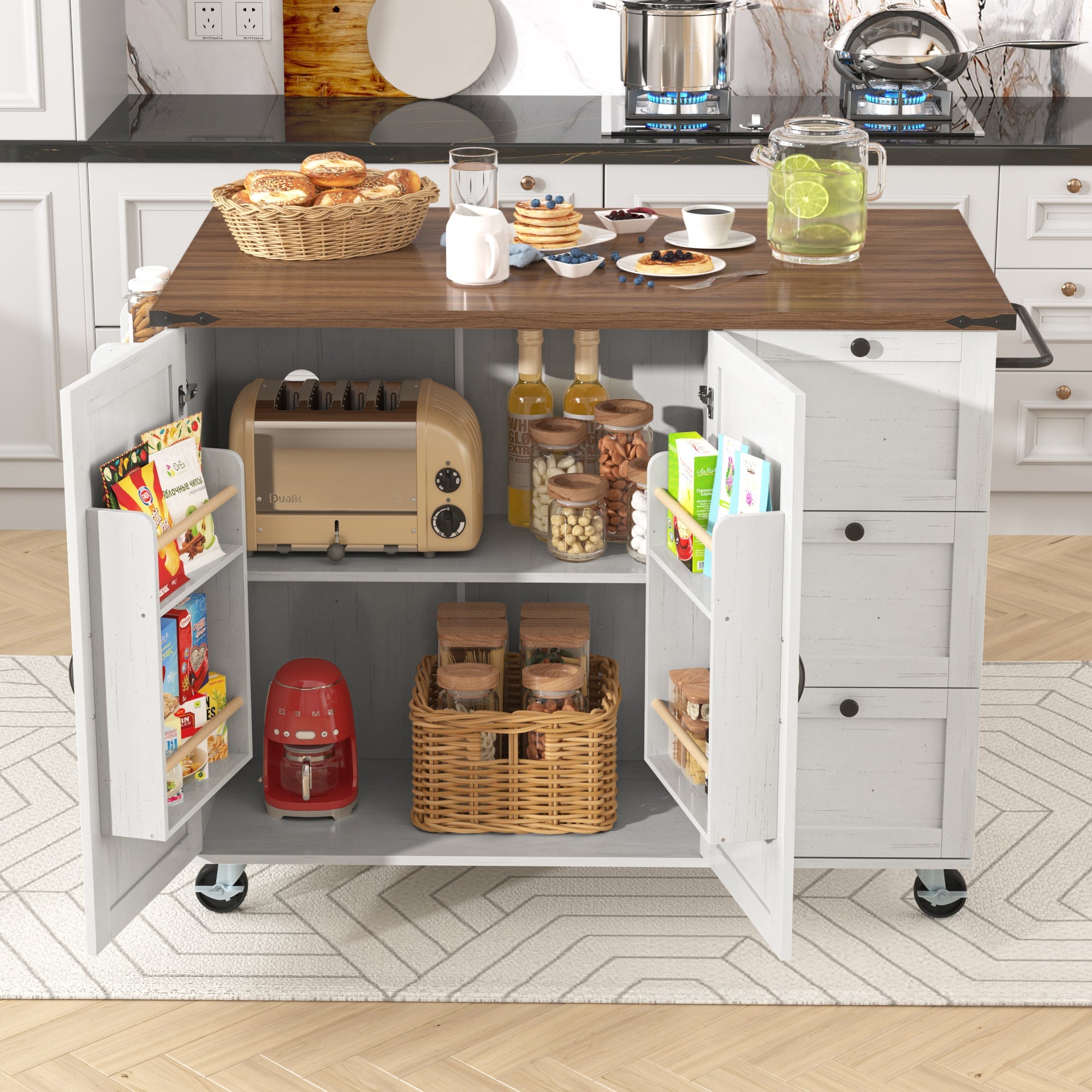 Logidon kitchen island with extendable worktop beige MDF 140 x 45 cm