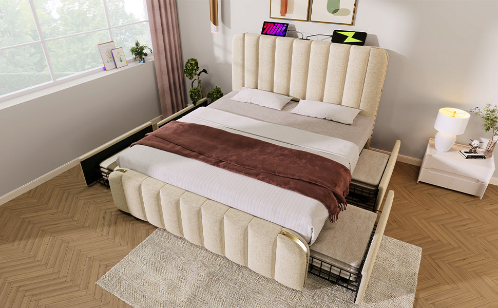 Logidon gestoffeerd bed 160x200 beige met USB oplaadfunctie en 4 lades