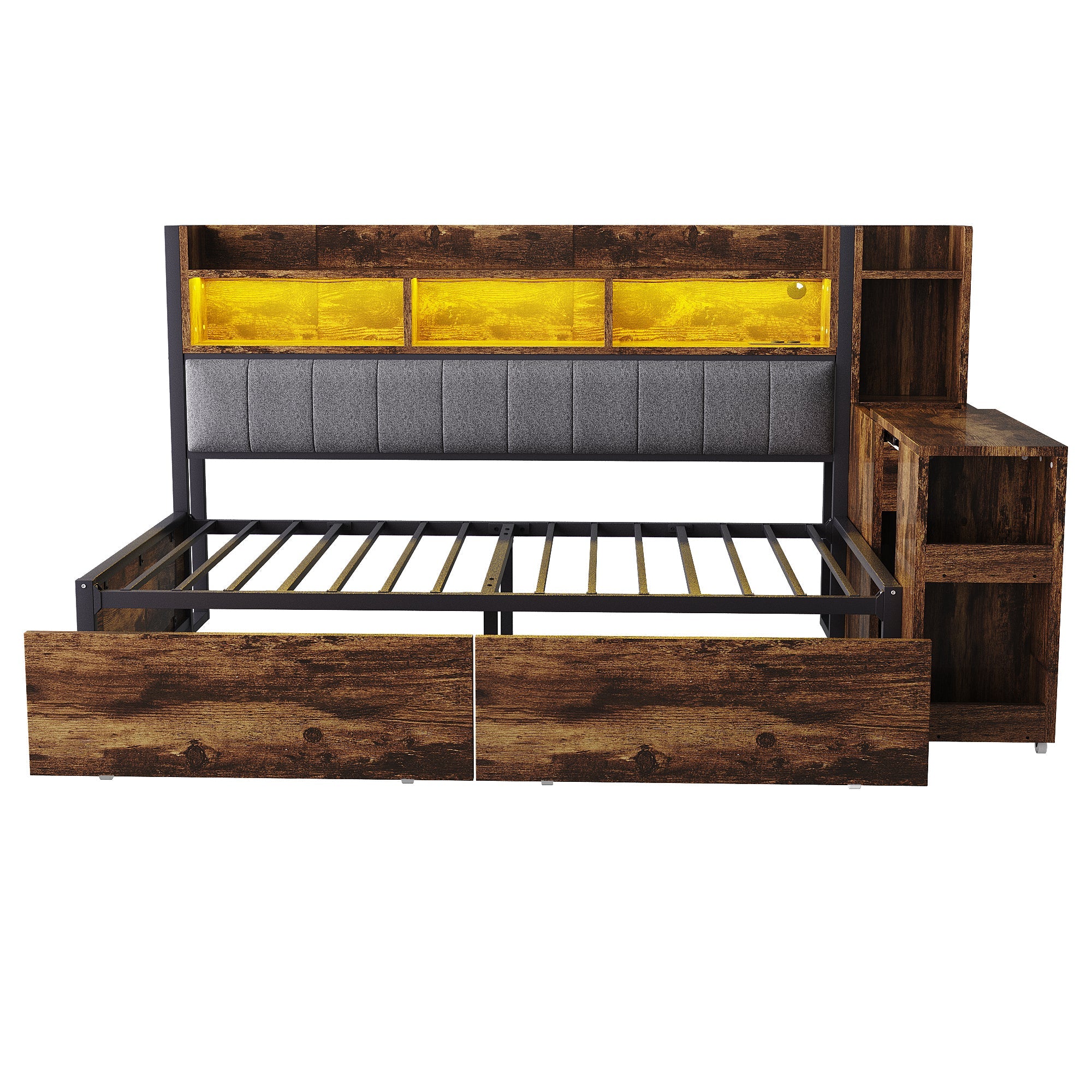 Logidon ijzeren slaapbank 90 x 200 cm houtlook opbergruimte LED