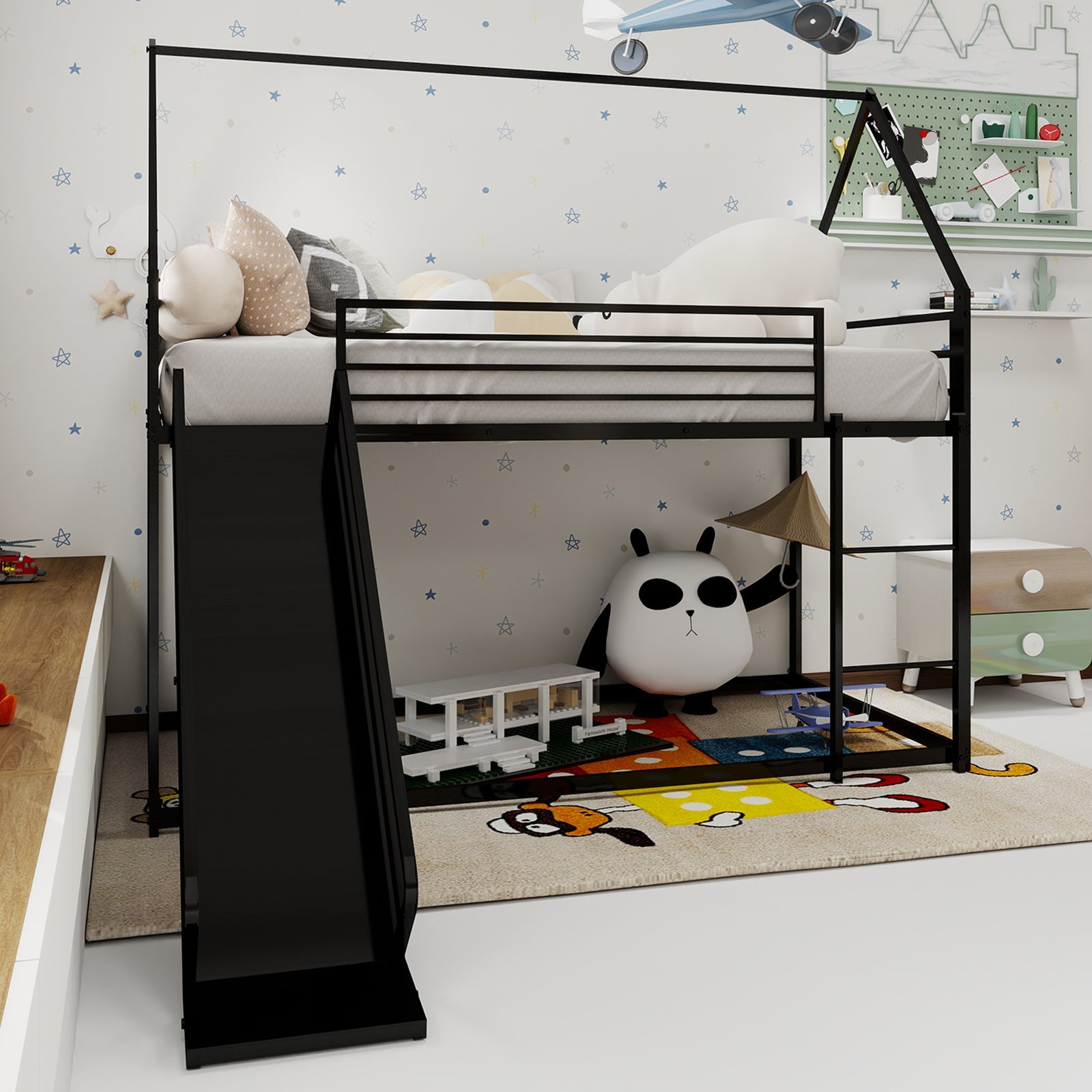 Logidon Twin over stapelbed met glijbaan Zwart